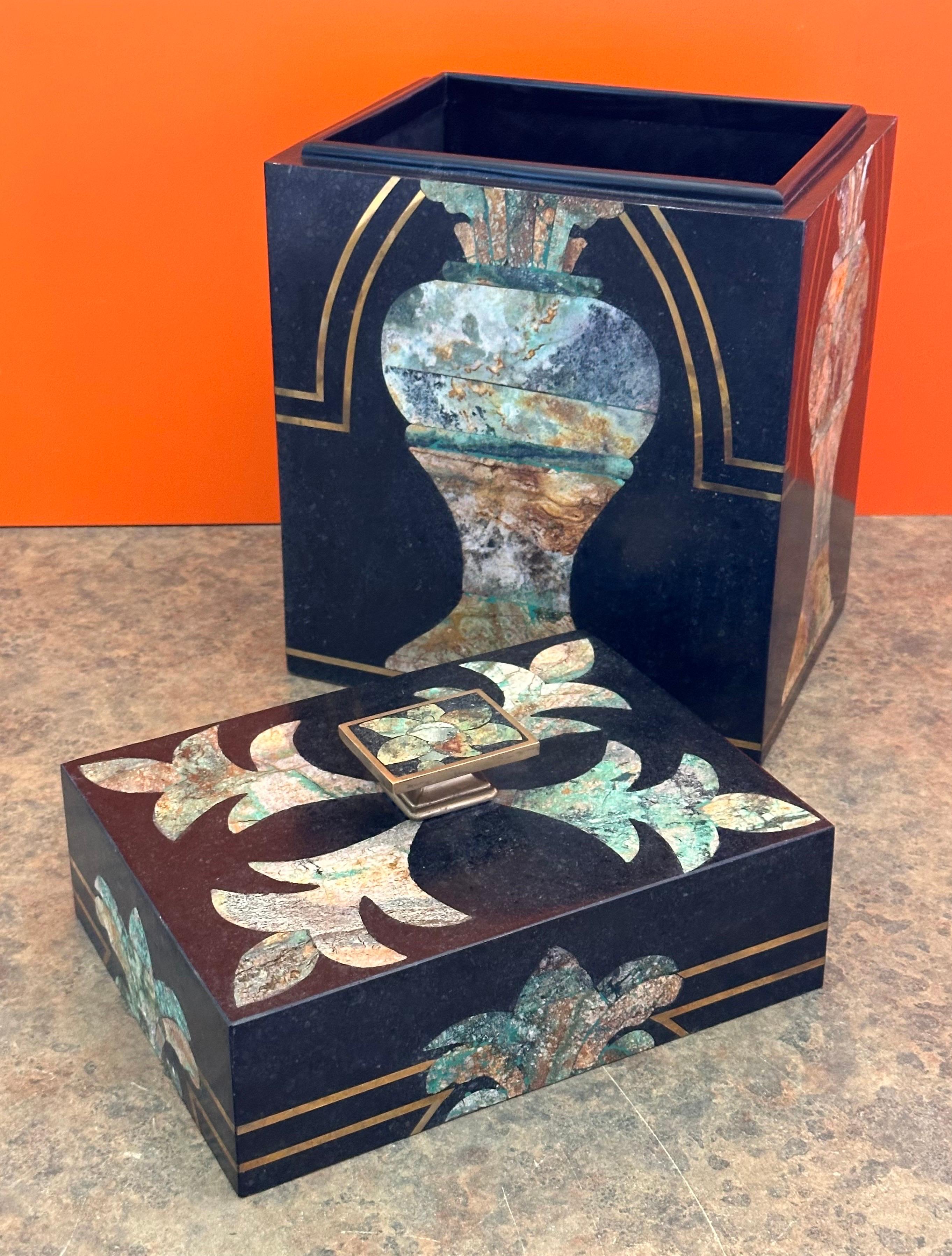 Large Hollywood Regency Inlaid Stone & Brass Box by Maitland Smith 5