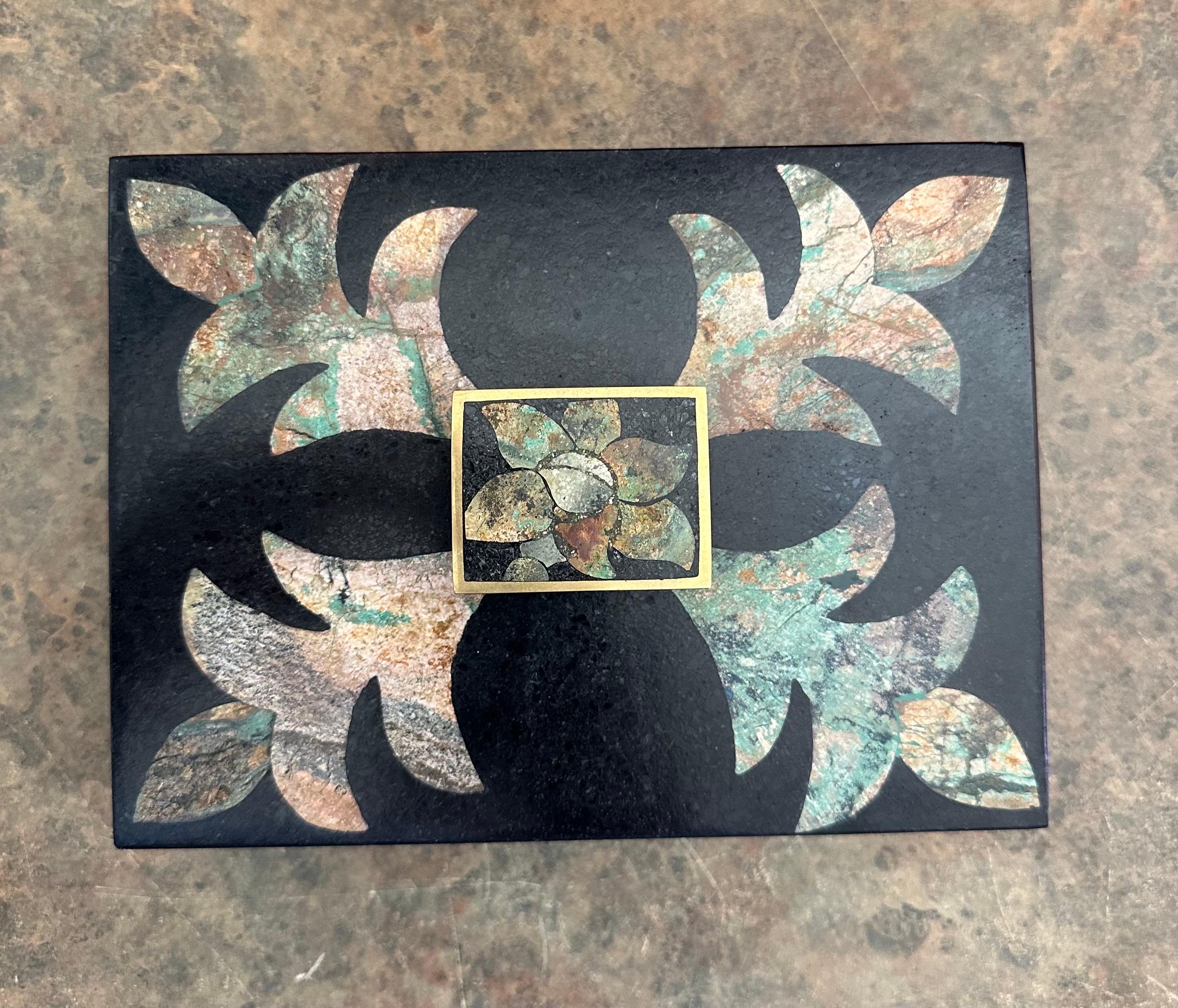 Large Hollywood Regency Inlaid Stone & Brass Box by Maitland Smith 6