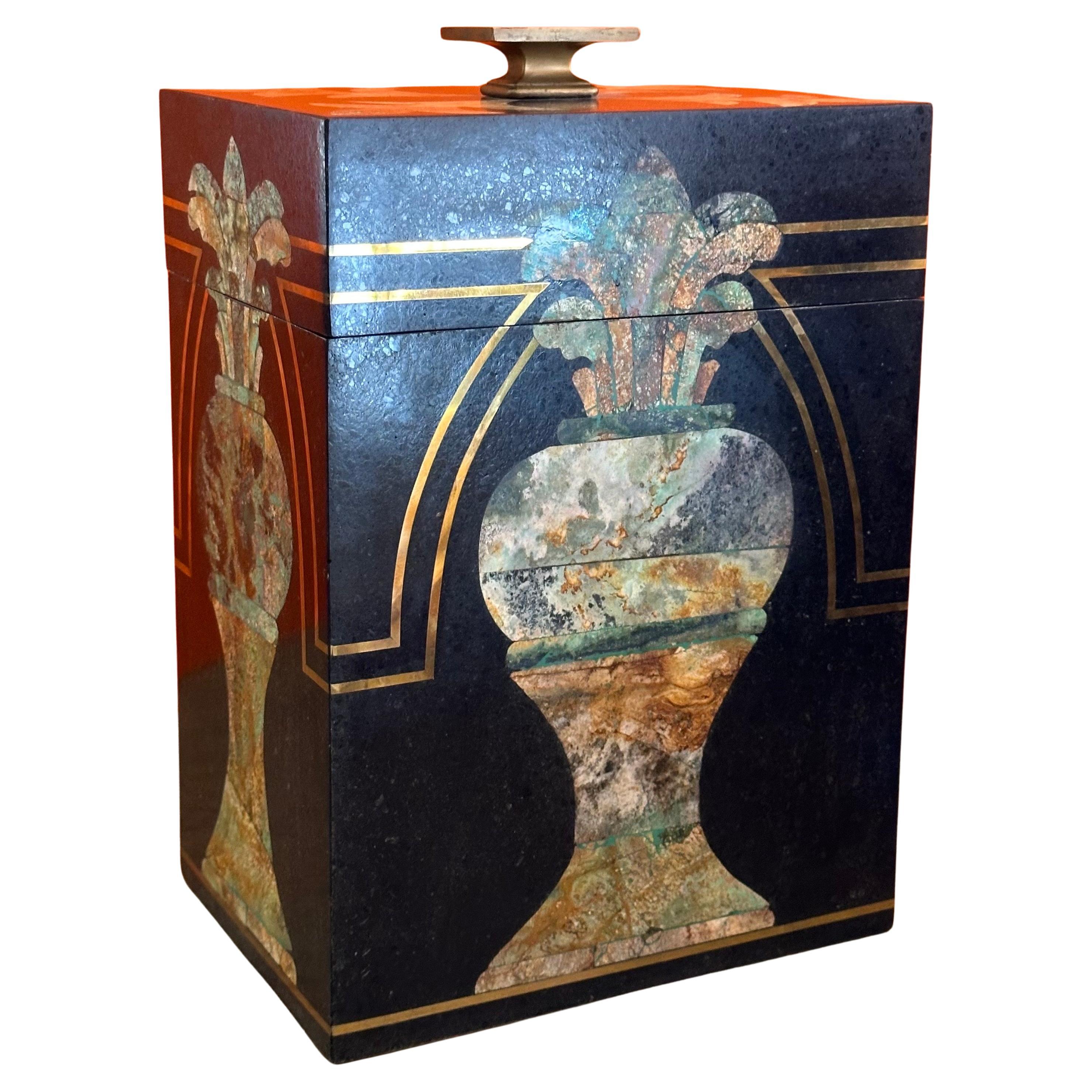 Large Hollywood Regency inlaid stone and brass box by Maitland Smith, circa 1990s.  The box is in very good vintage condition and measures 8.75
