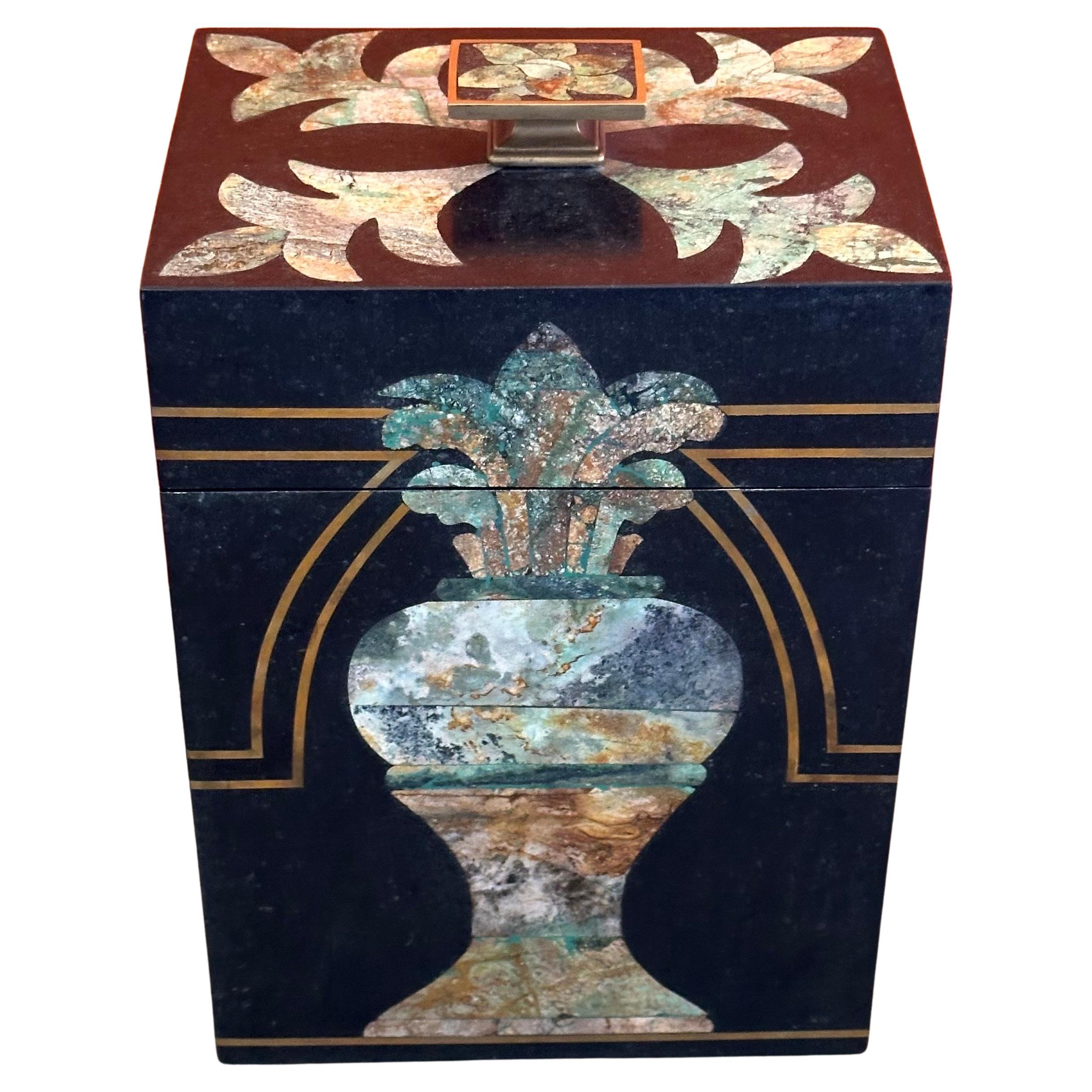 Philippine Large Hollywood Regency Inlaid Stone & Brass Box by Maitland Smith