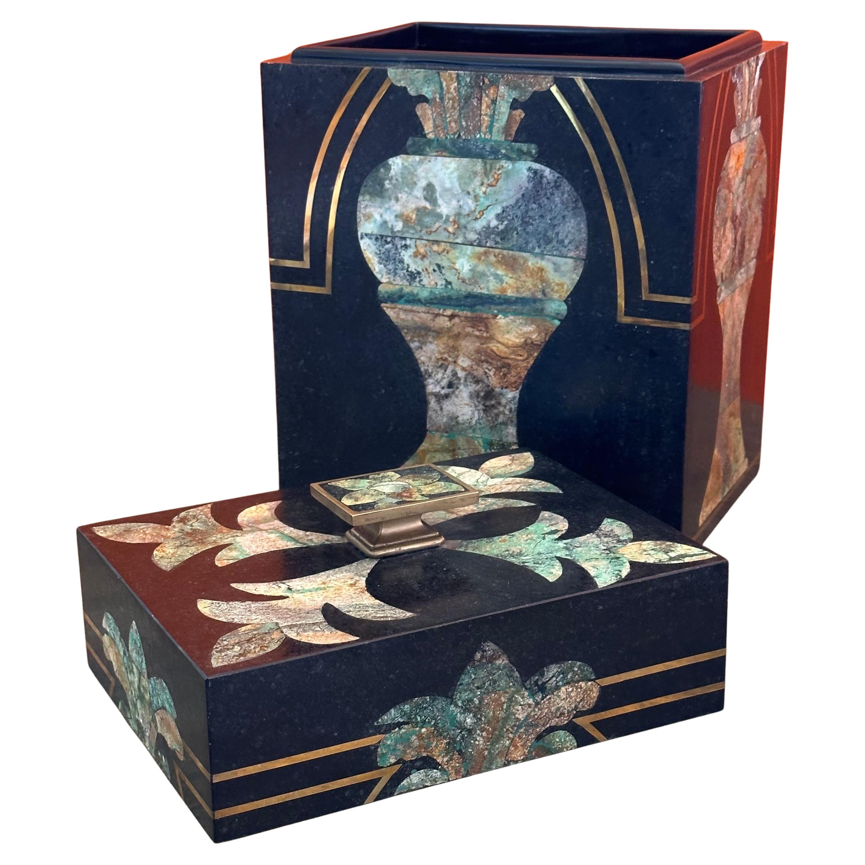 Large Hollywood Regency Inlaid Stone & Brass Box by Maitland Smith In Good Condition In San Diego, CA