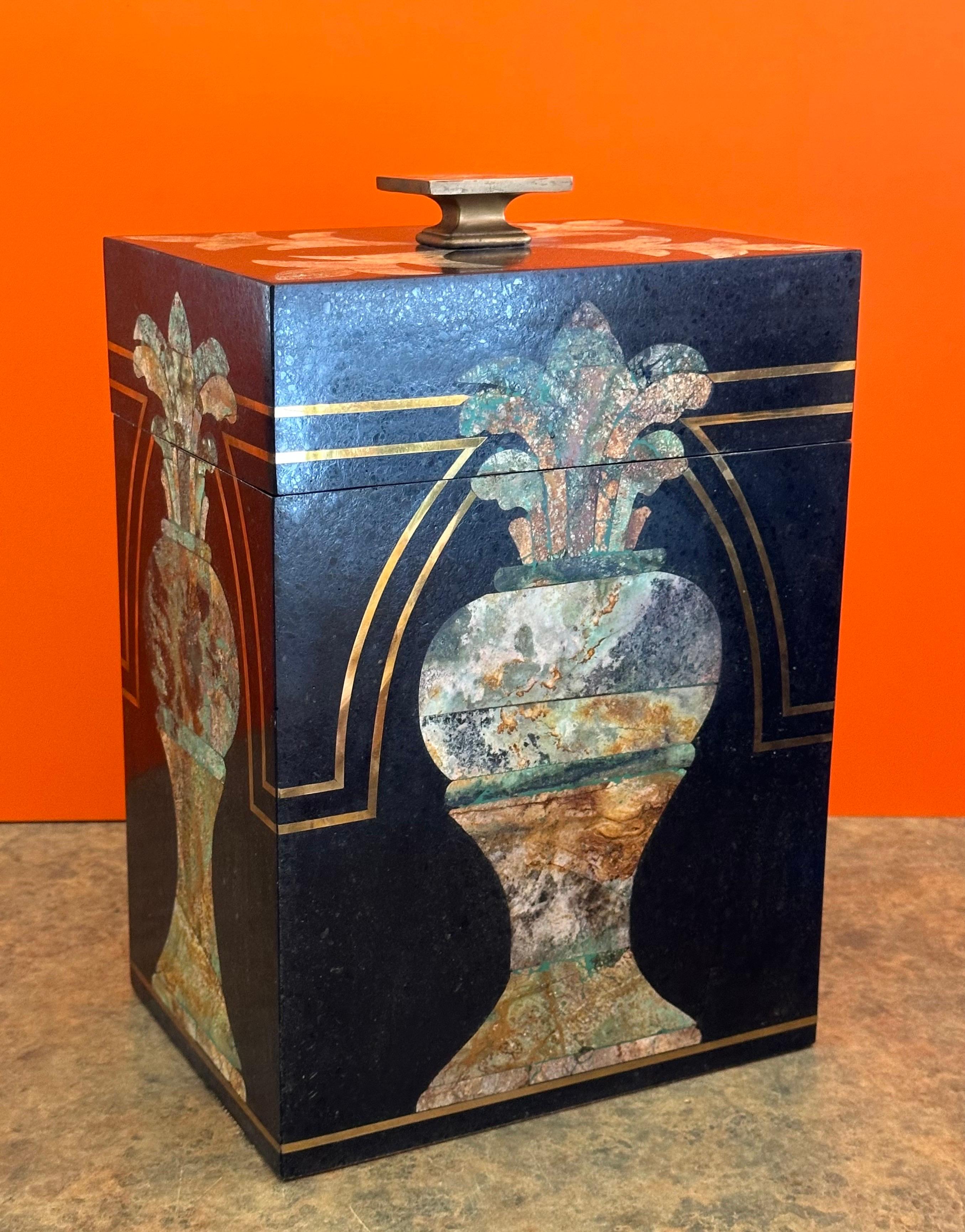 20th Century Large Hollywood Regency Inlaid Stone & Brass Box by Maitland Smith