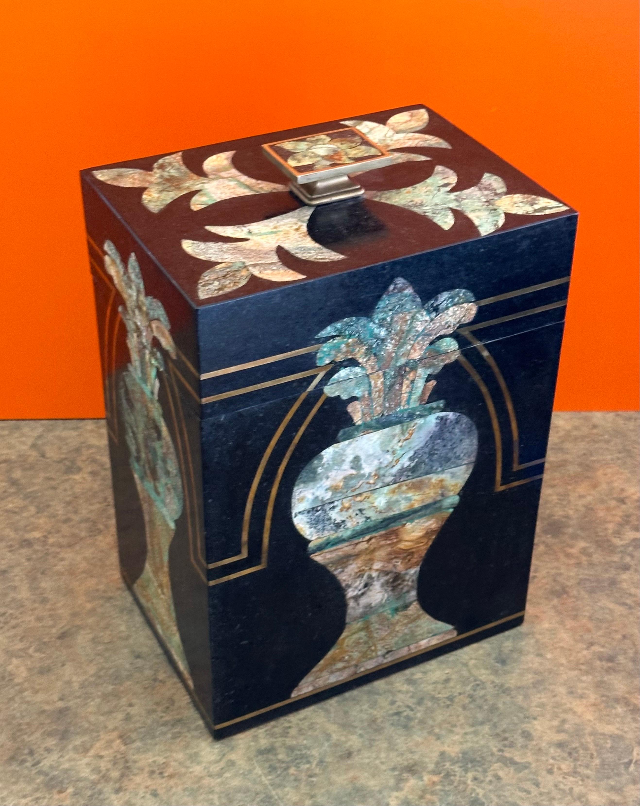 Large Hollywood Regency Inlaid Stone & Brass Box by Maitland Smith 1