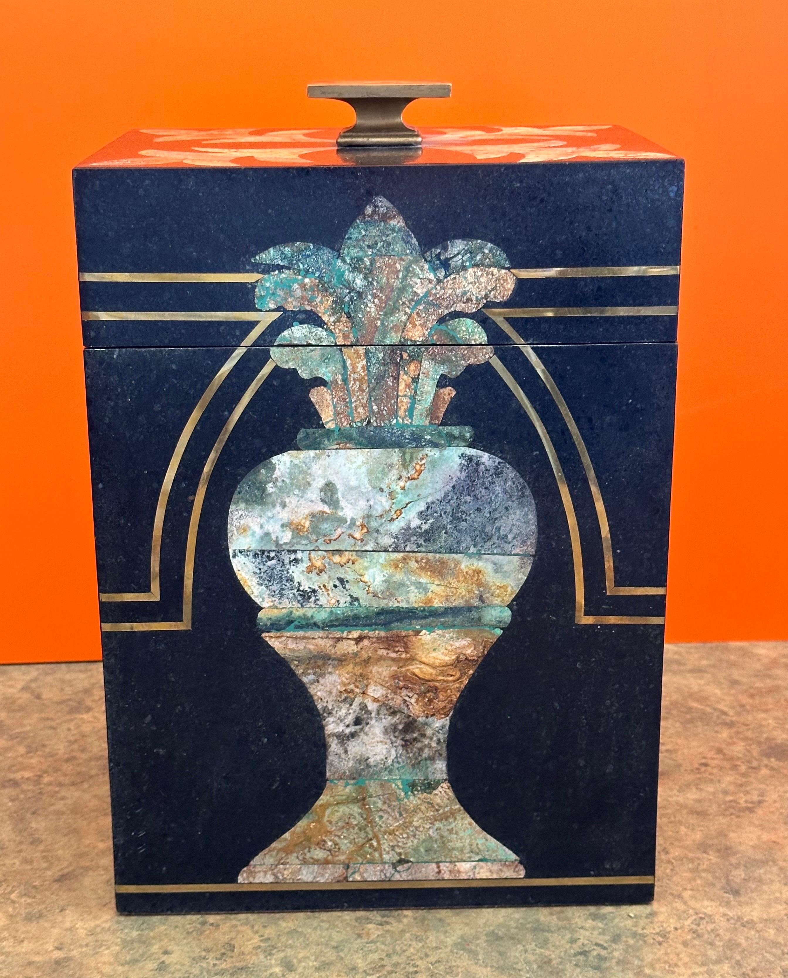 Large Hollywood Regency Inlaid Stone & Brass Box by Maitland Smith 2