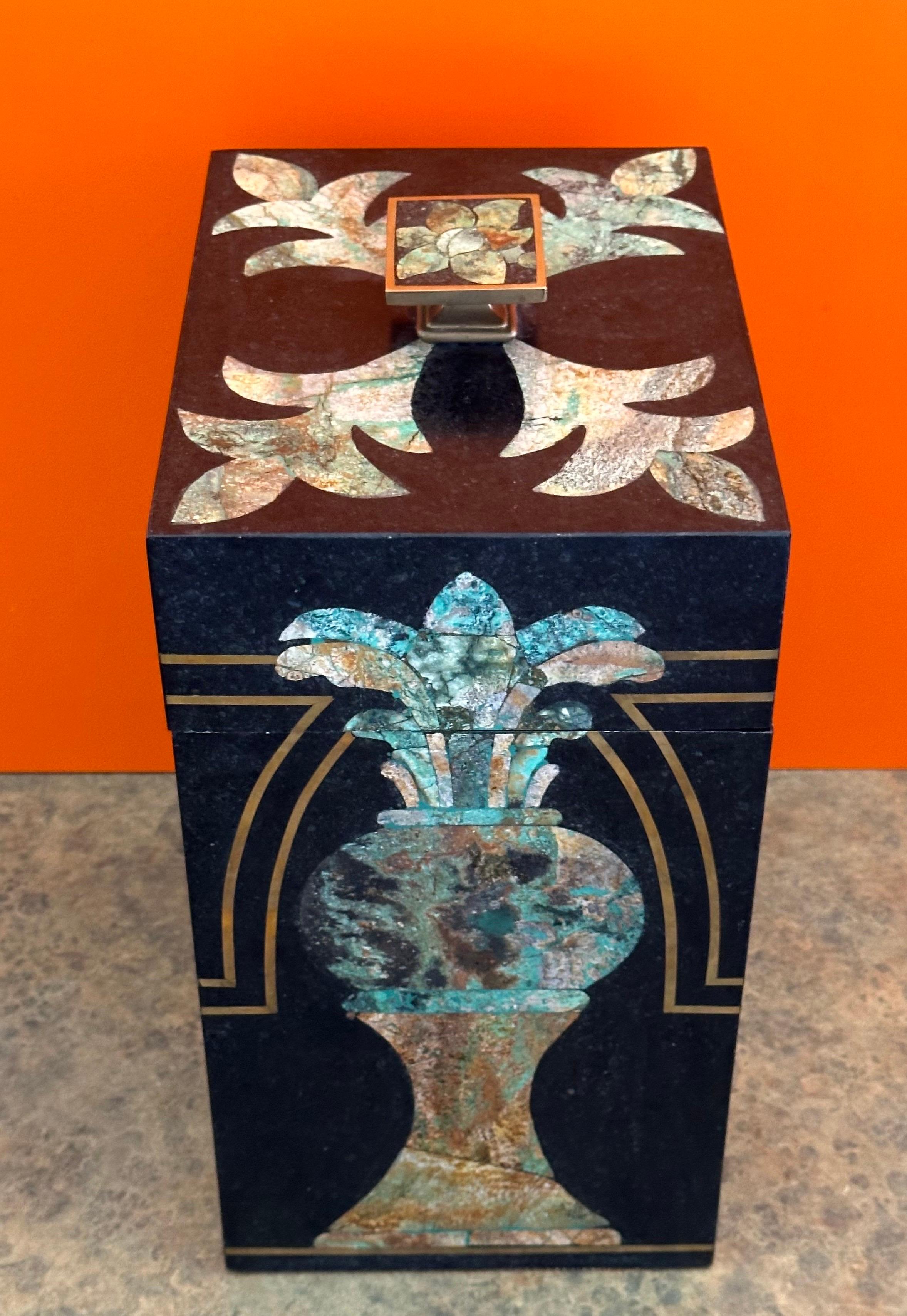 Large Hollywood Regency Inlaid Stone & Brass Box by Maitland Smith 3