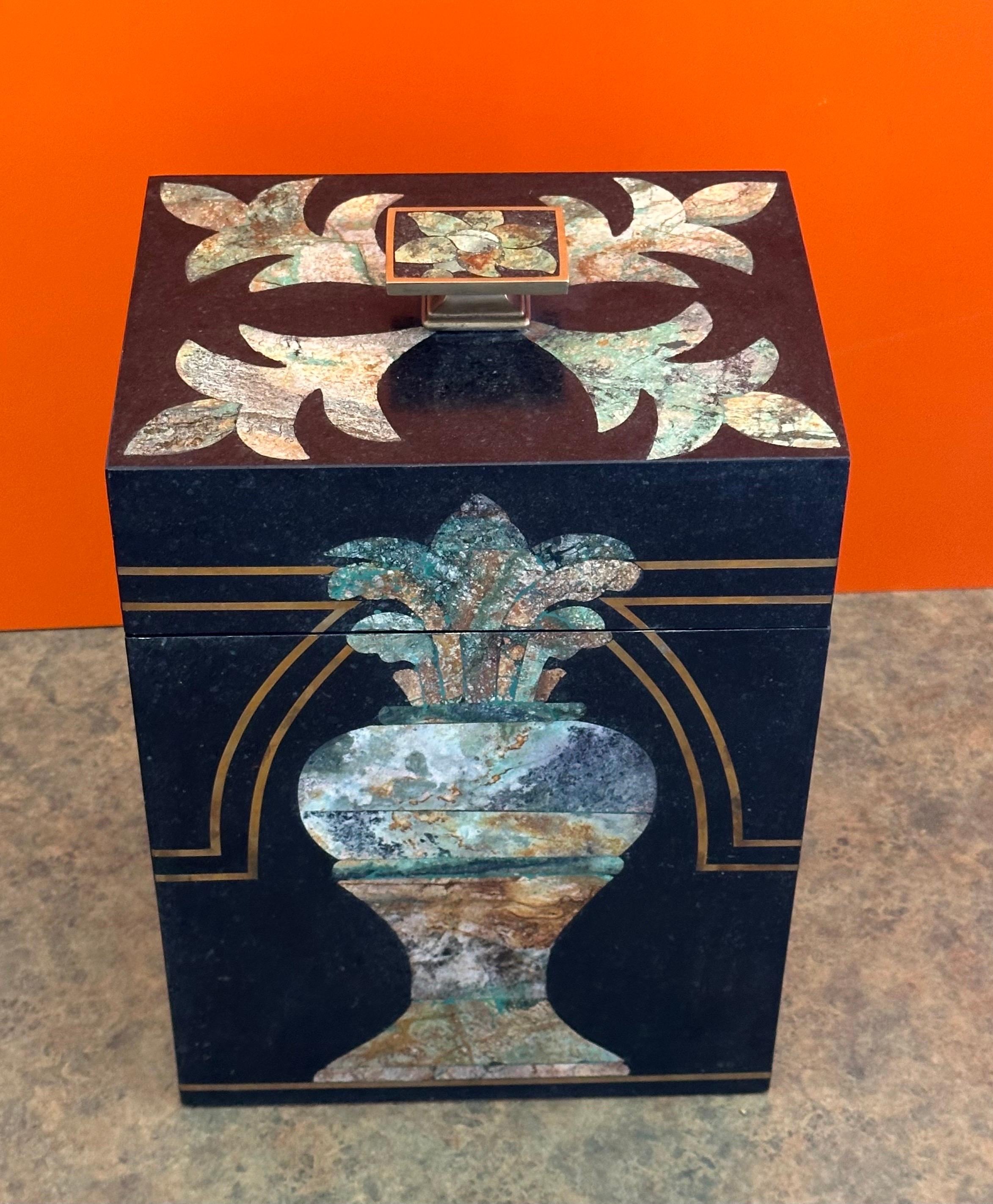 Large Hollywood Regency Inlaid Stone & Brass Box by Maitland Smith 4