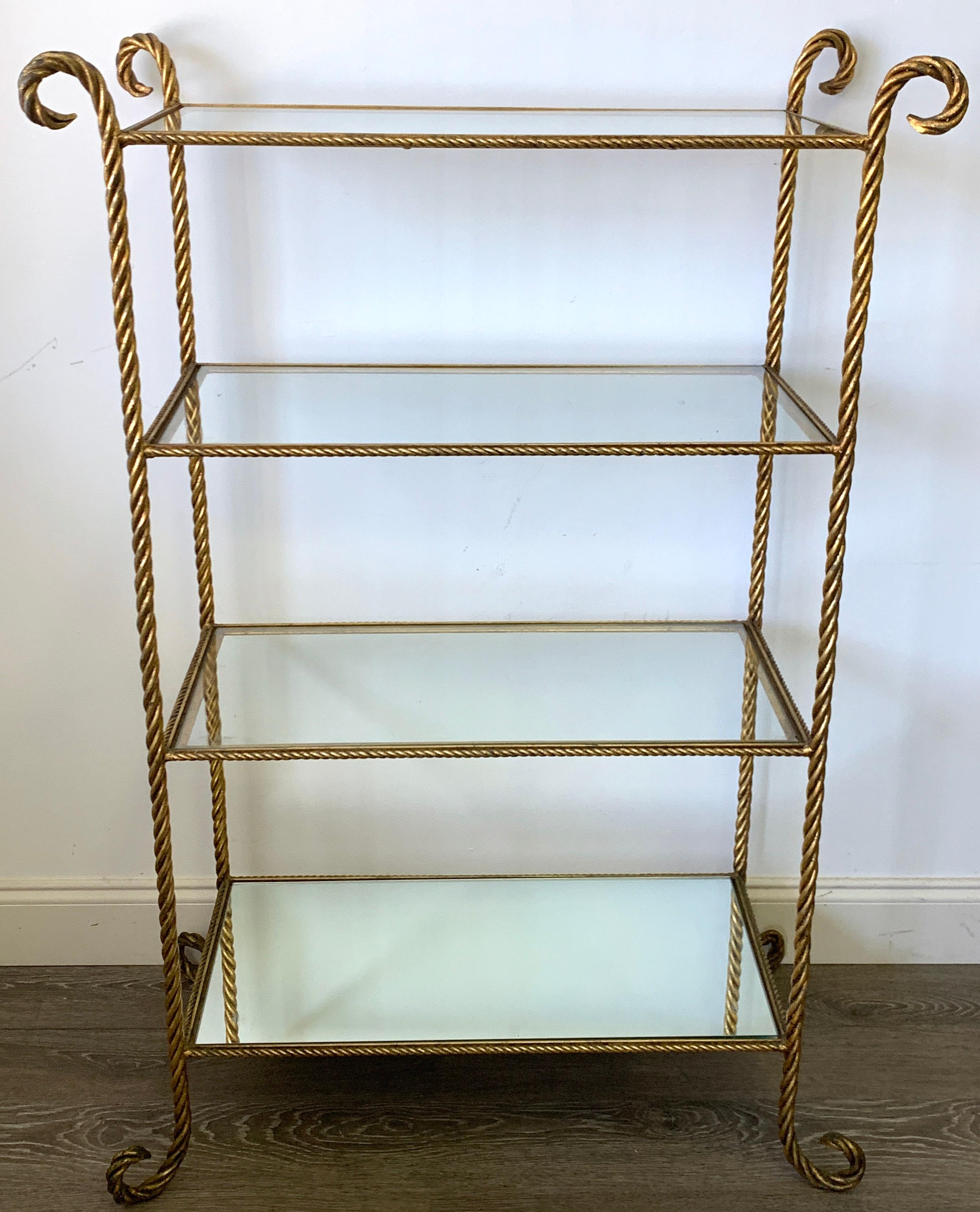 Large Hollywood Regency Italian gilt metal 'Rope' Etagere with four 27