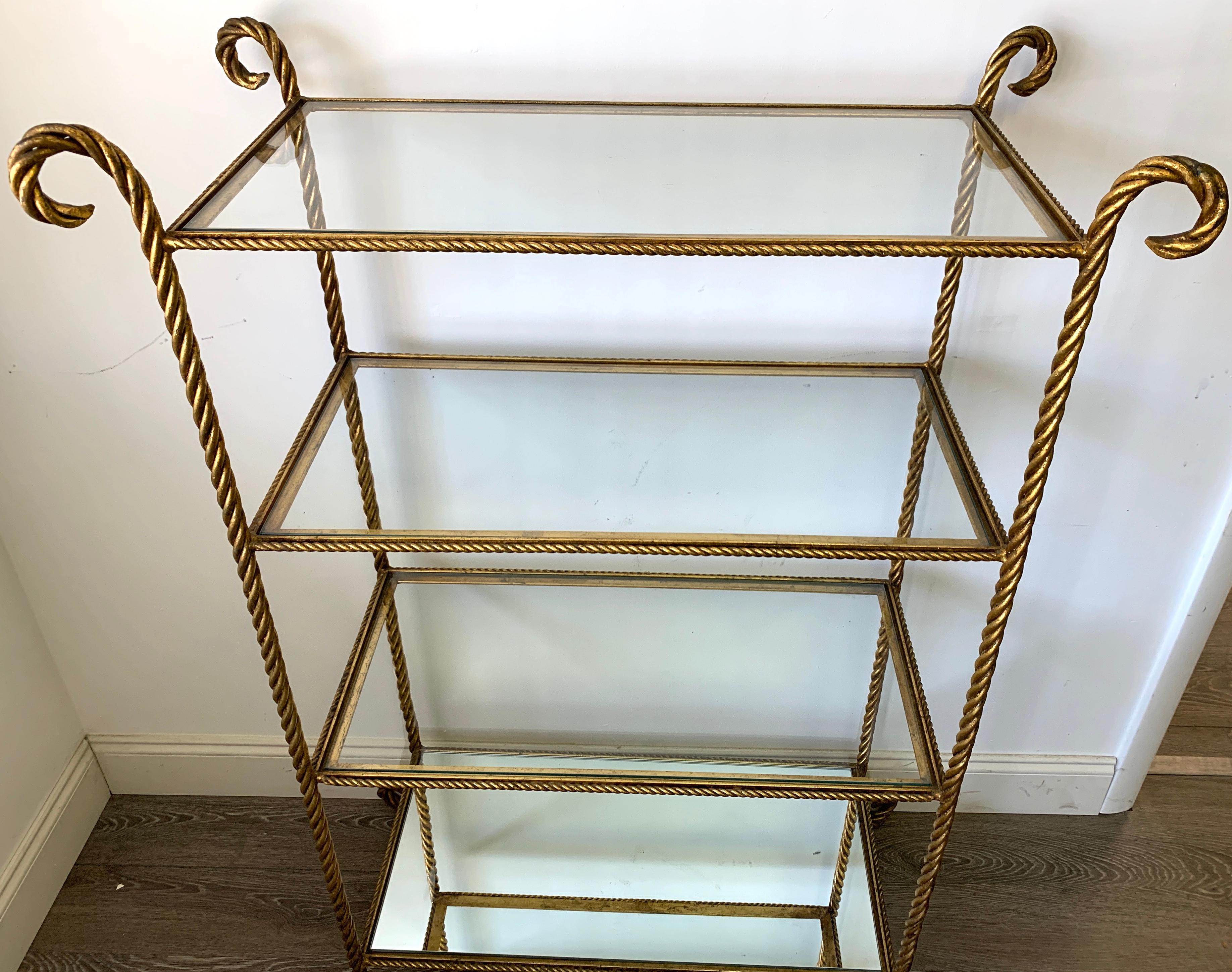 20th Century Large Hollywood Regency Italian Gilt Metal Rope Étagère