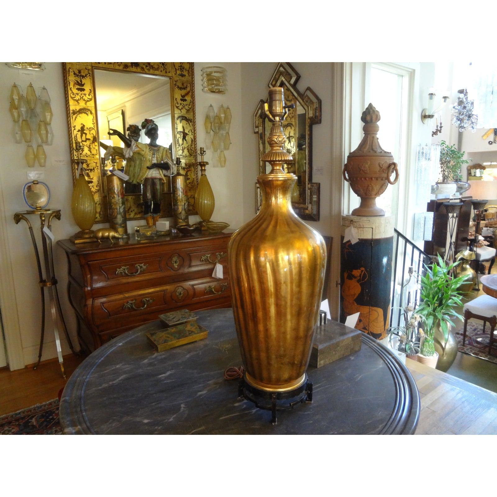 Mid-20th Century Italian Midcentury Gold Glass Lamp on Iron Base-Marbro Attributed For Sale