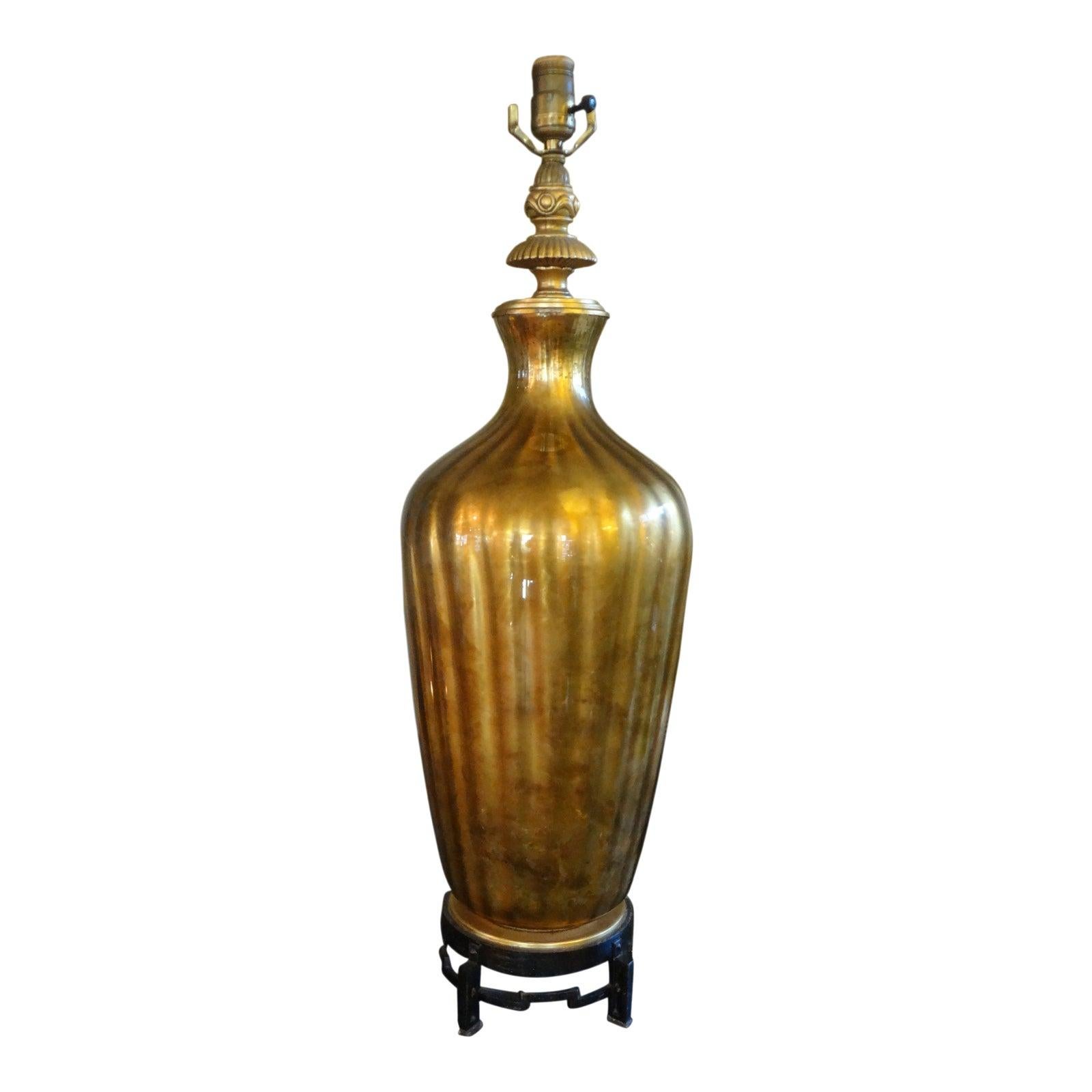 Italian Midcentury Gold Glass Lamp on Iron Base-Marbro Attributed For Sale 3