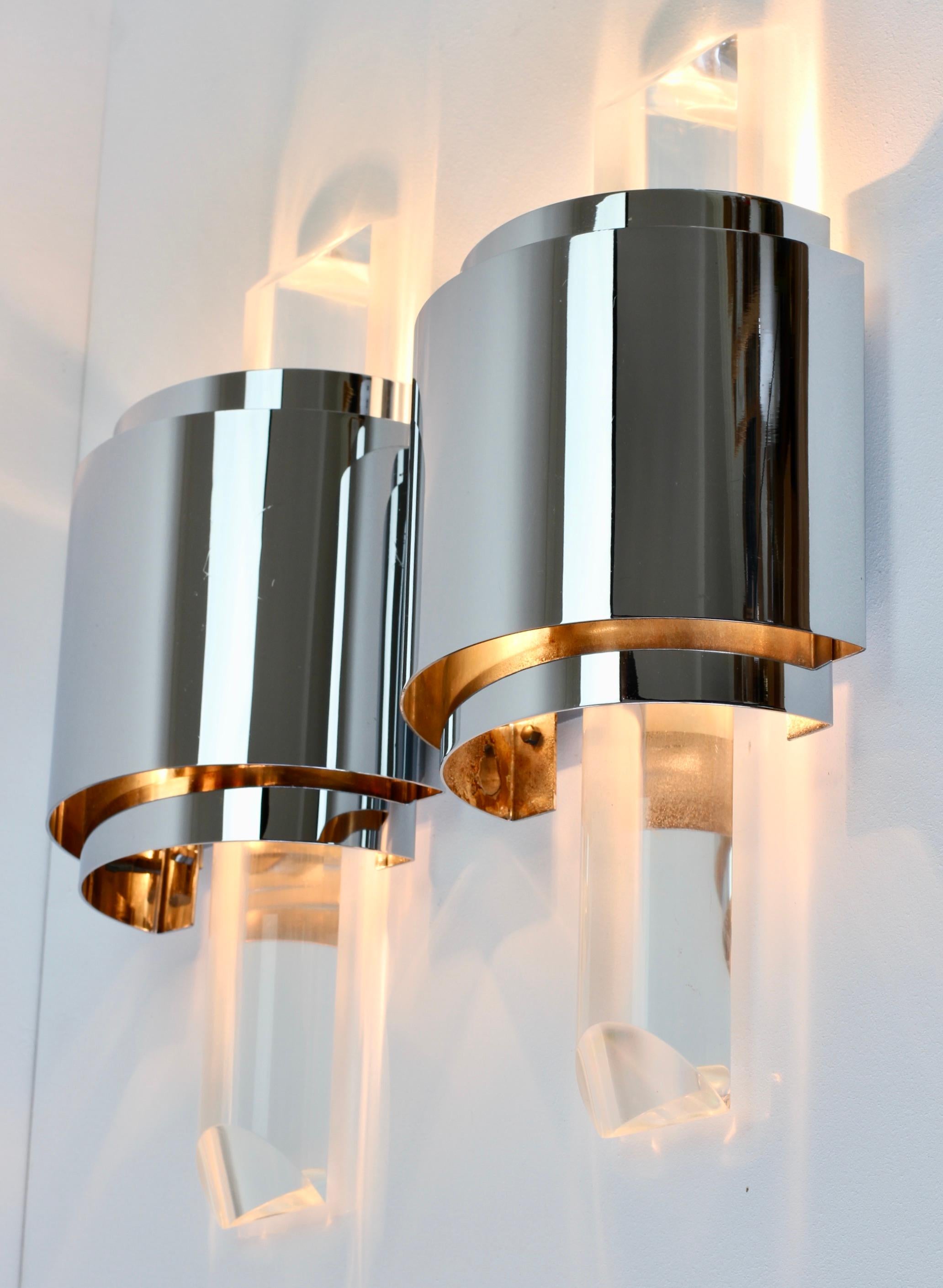 Metal Large Hollywood Regency Lucite and Chrome Wall Lights or Sconces, circa 1970s For Sale