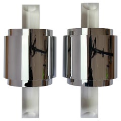 Large Hollywood Regency Lucite and Polished Steel Wall Lights or Sconces, 1970s