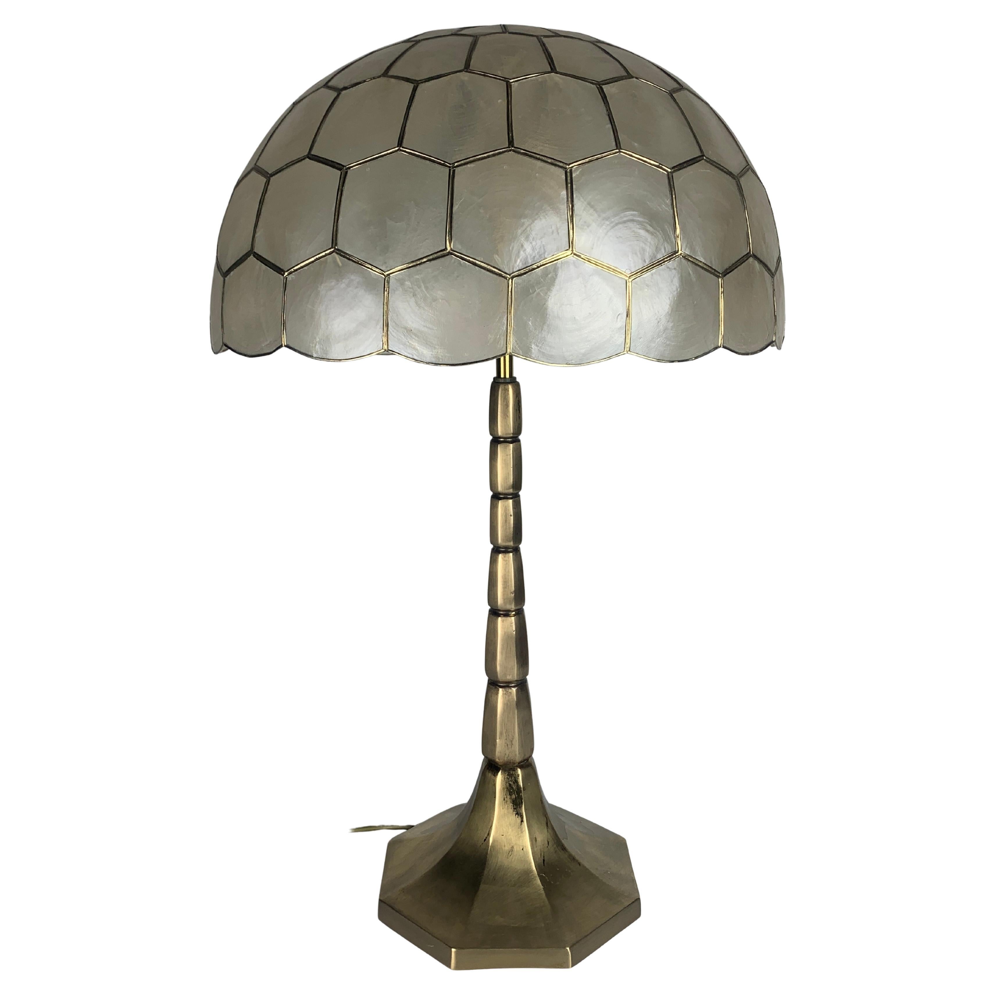 Large Hollywood regency midcentury Capiz and brass table lamp, 1960s