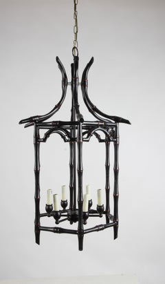 Large Hollywood Regency Pagoda Metal Faux Bamboo Chippendale Style Chandelier