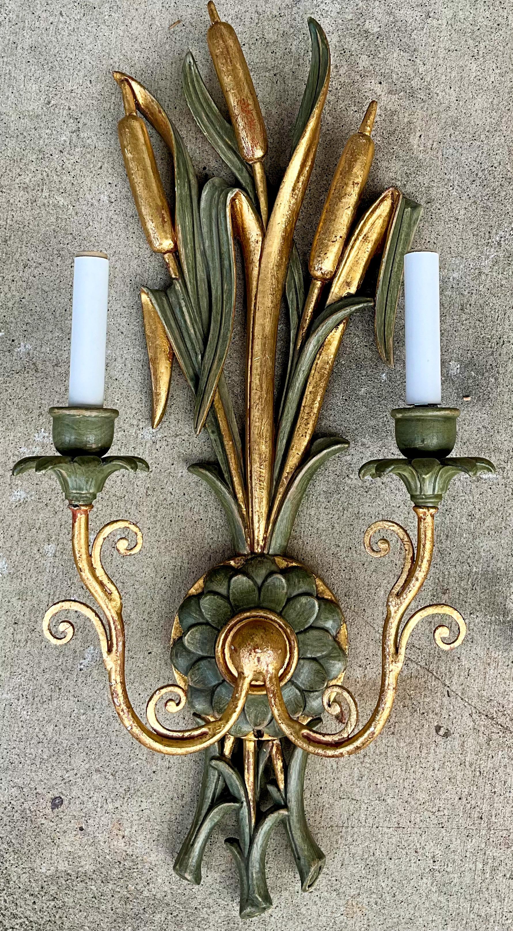 20th Century Large Hollywood Regency Parcel Gilt Carved Cattail Sconces, Pair For Sale