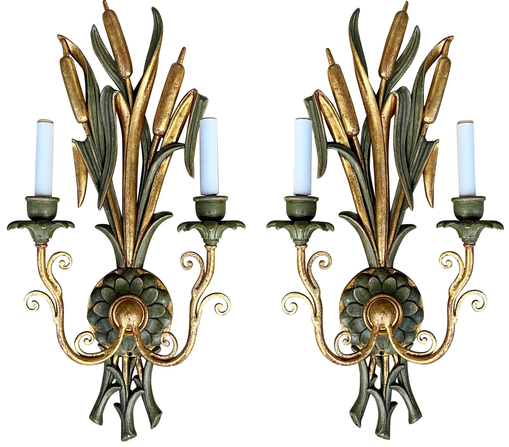 Large Hollywood Regency Parcel Gilt Carved Cattail Sconces, Pair For Sale
