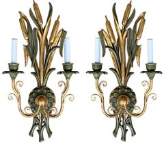Large Hollywood Regency Parcel Gilt Carved Cattail Sconces, Pair