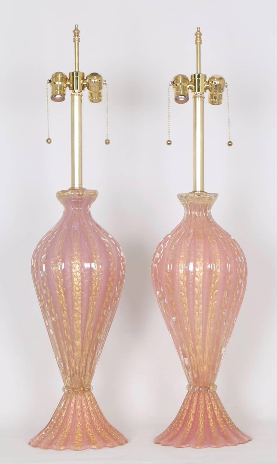 Italian Large Hollywood Regency Pink and Gold Barovier Murano Glass Lamps