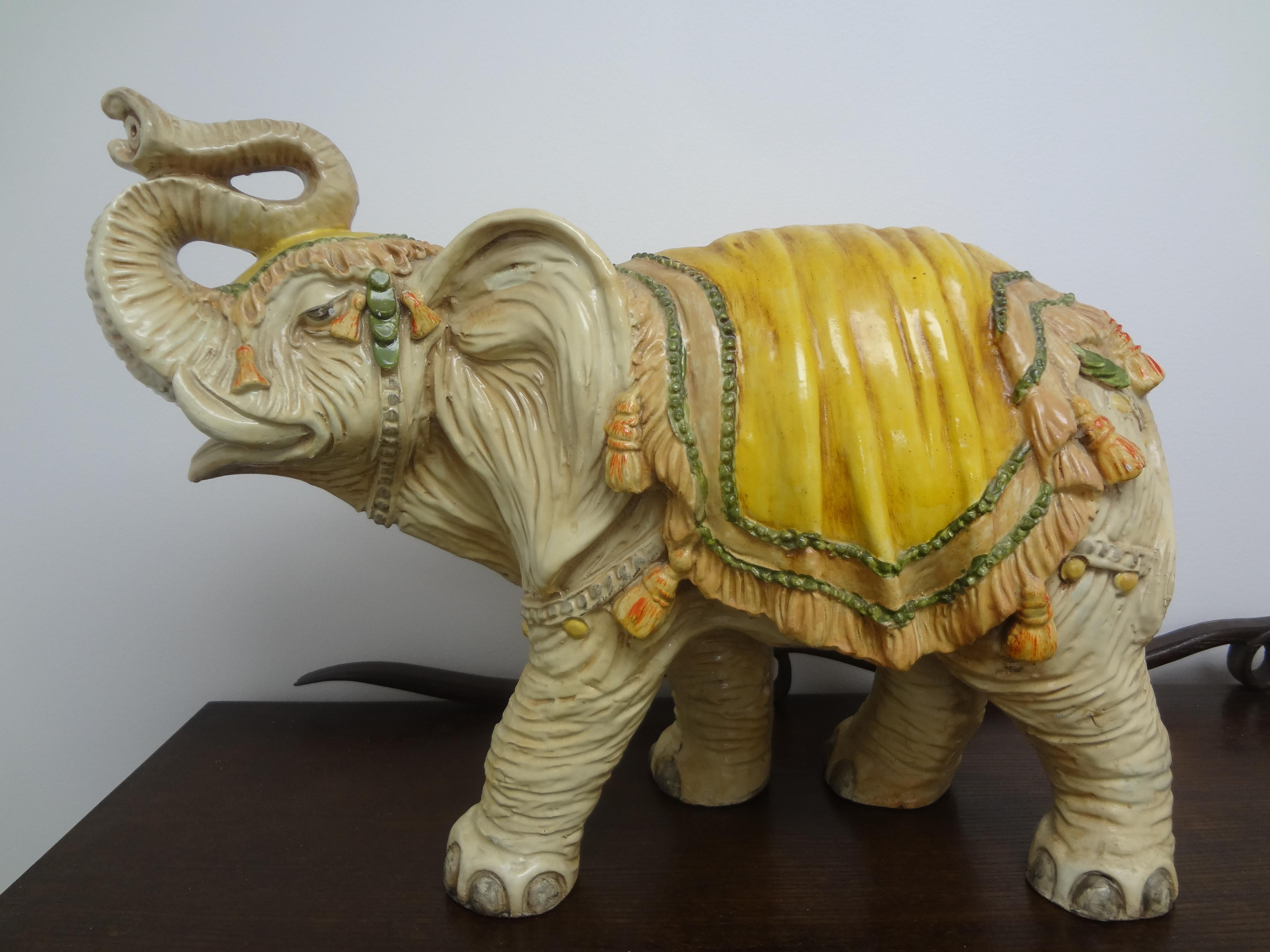 Large Hollywood Regency polychrome elephant sculpture.
Large Hollywood Regency polychrome elephant sculpture or statue. Great whimsical decorative accessory!