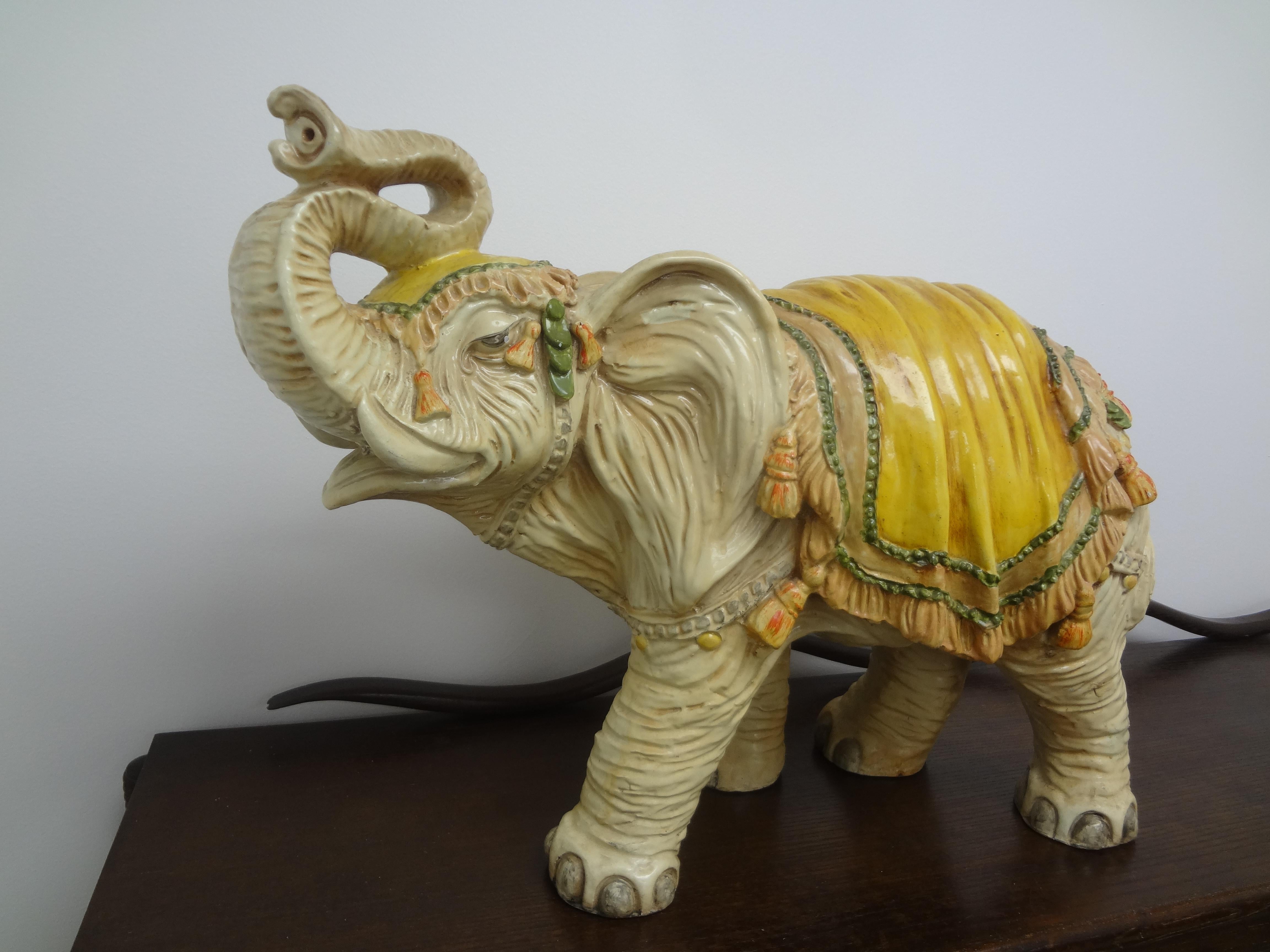 Large Hollywood Regency Polychrome Elephant Sculpture In Good Condition For Sale In Houston, TX