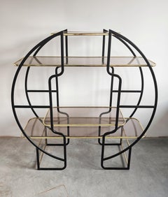 Large Hollywood Regency Round Room Divider Shelf in Black Metal and Brass