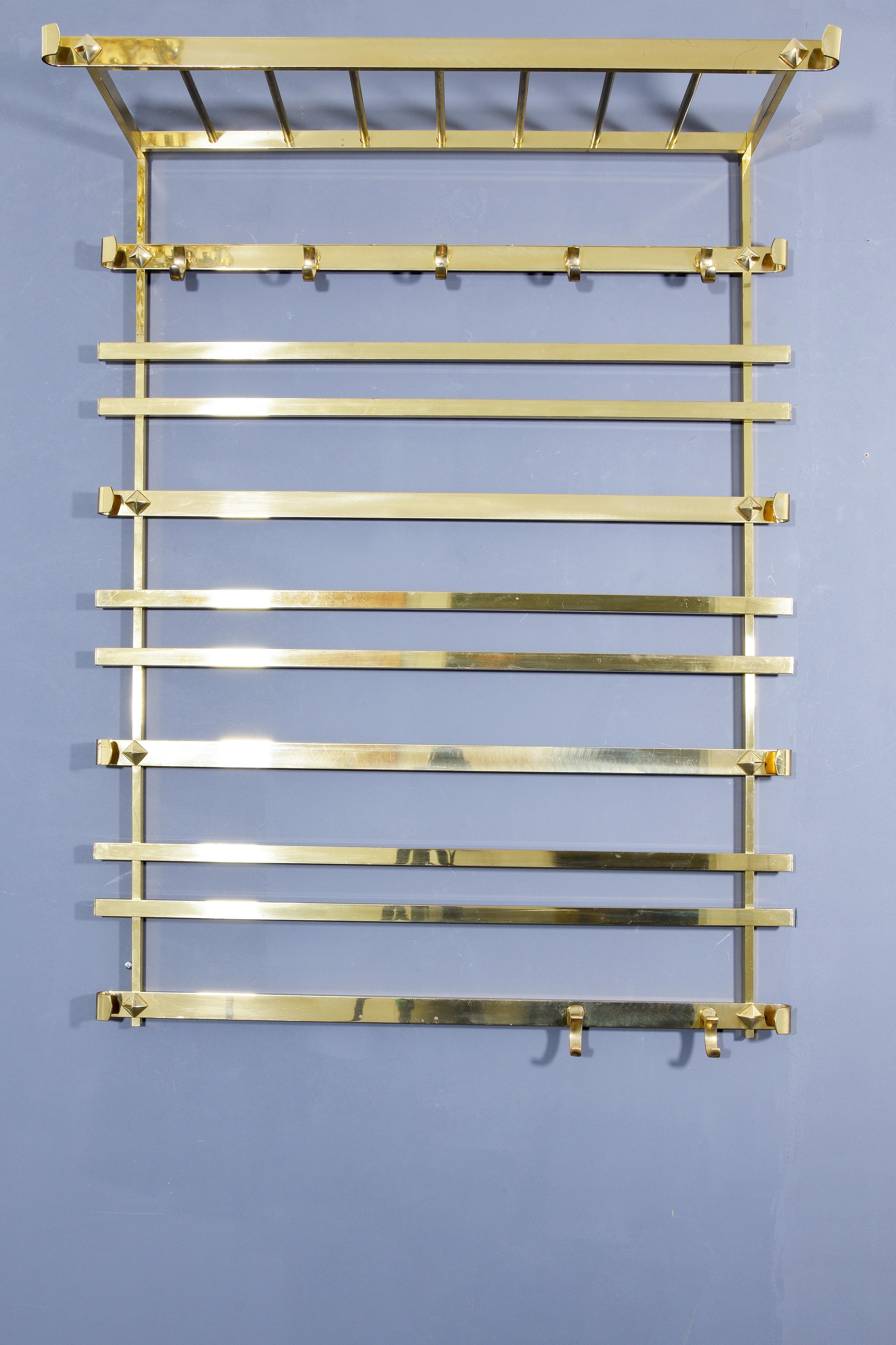 Mid-Century Modern Large Hollywood Regency Solid Brass Wall-Mounted Coat Rack Italy, 1970s For Sale