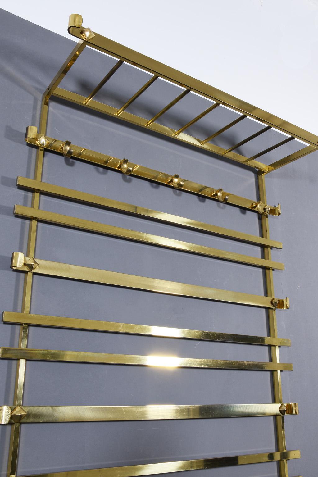 Italian Large Hollywood Regency Solid Brass Wall-Mounted Coat Rack Italy, 1970s For Sale