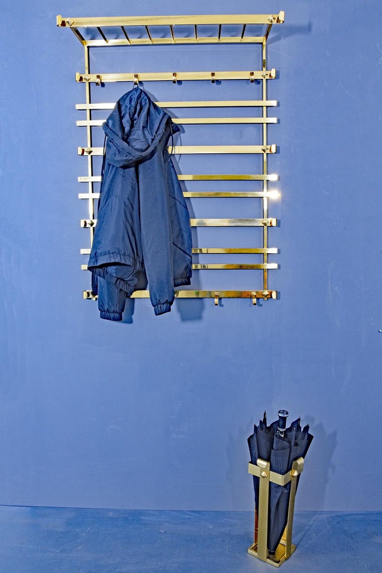 Large Hollywood Regency Solid Brass WallMounted Coat Rack Italy, 1970s