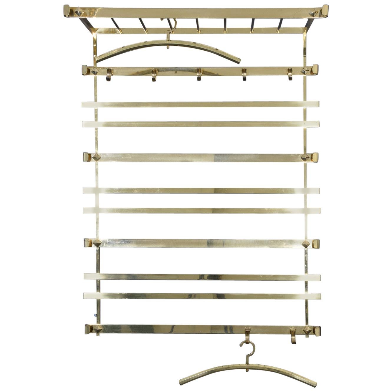 Large Hollywood Regency Solid Brass Wall-Mounted Coat Rack Italy, 1970s For Sale