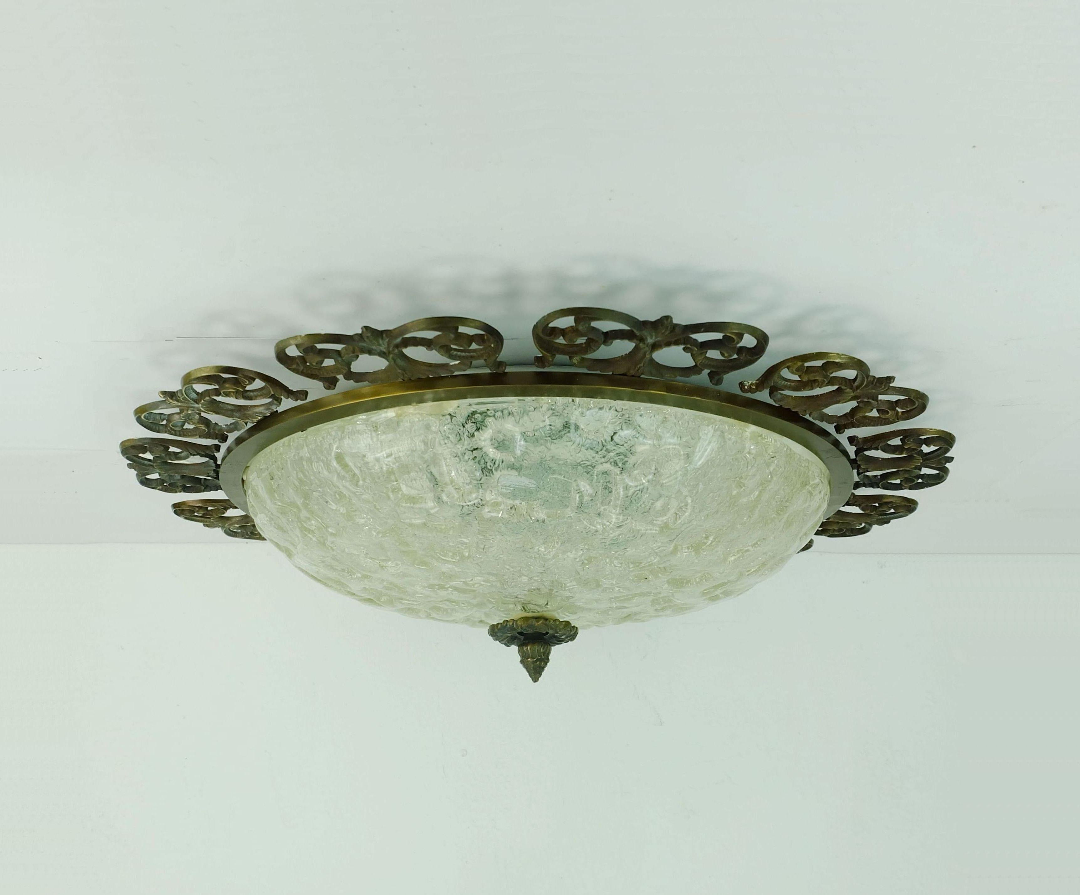 Hollywood Regency large hollywood regency style FLUSH MOUNT ice glass shade brass frame For Sale