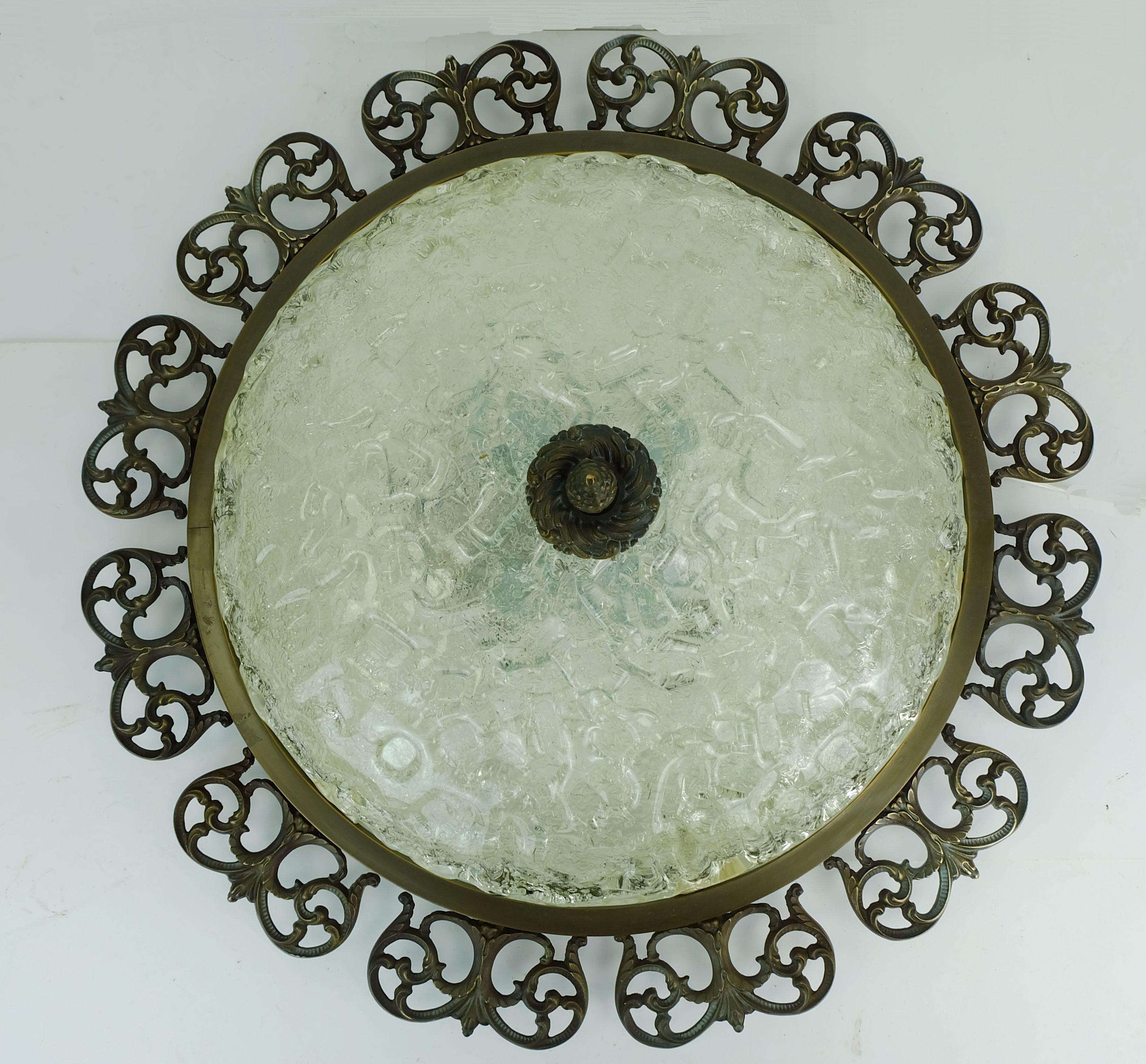 German large hollywood regency style FLUSH MOUNT ice glass shade brass frame For Sale