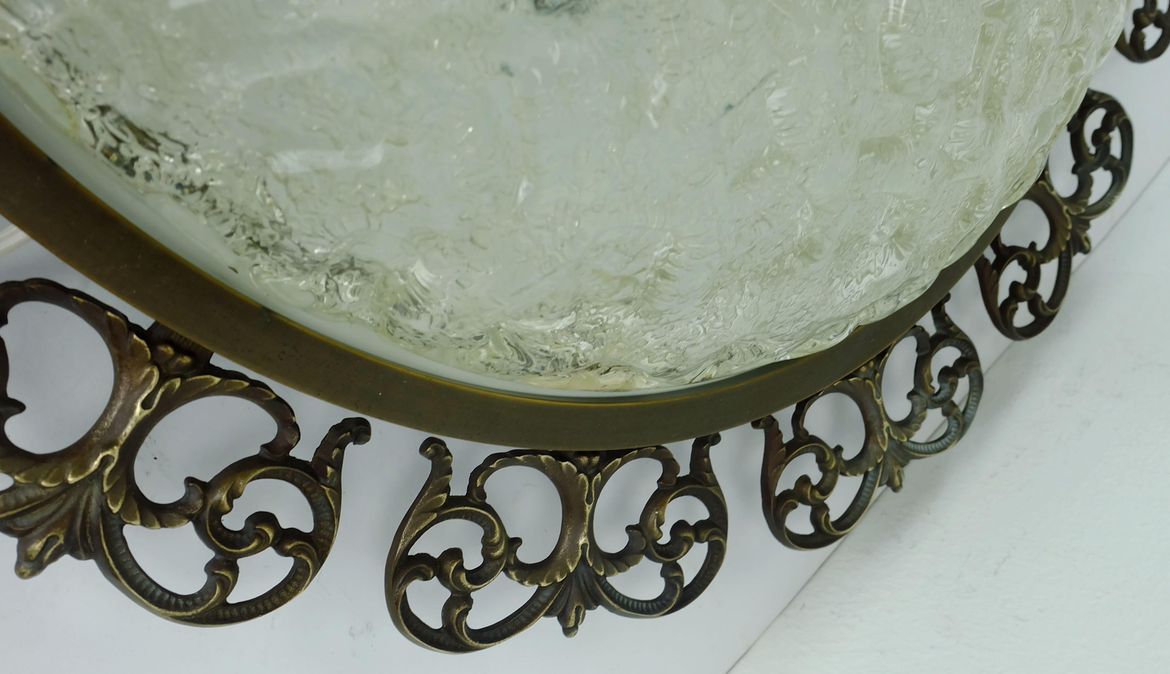 Brass large hollywood regency style FLUSH MOUNT ice glass shade brass frame For Sale