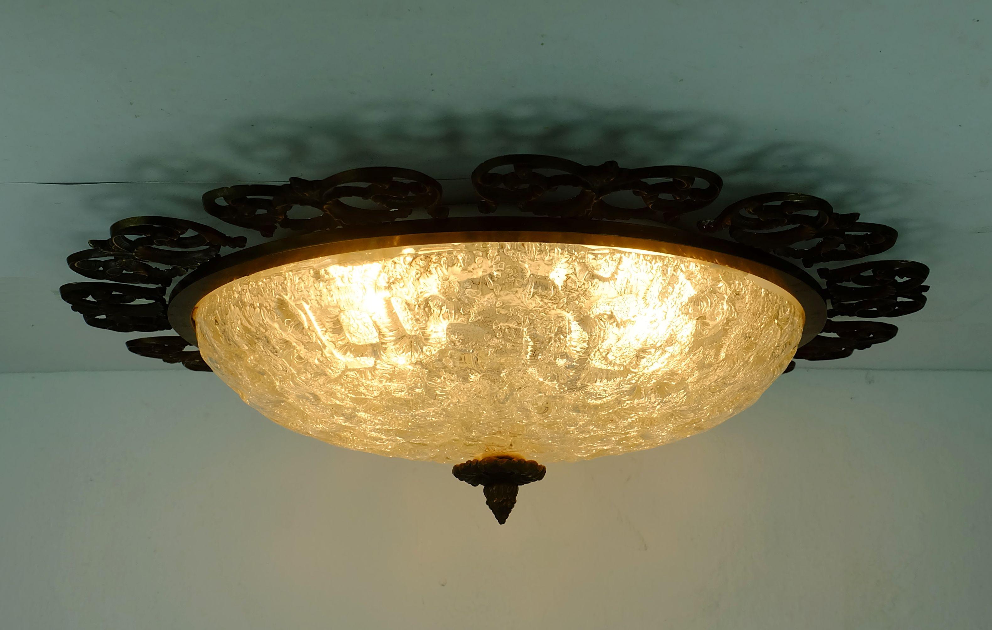 large hollywood regency style FLUSH MOUNT ice glass shade brass frame For Sale 1