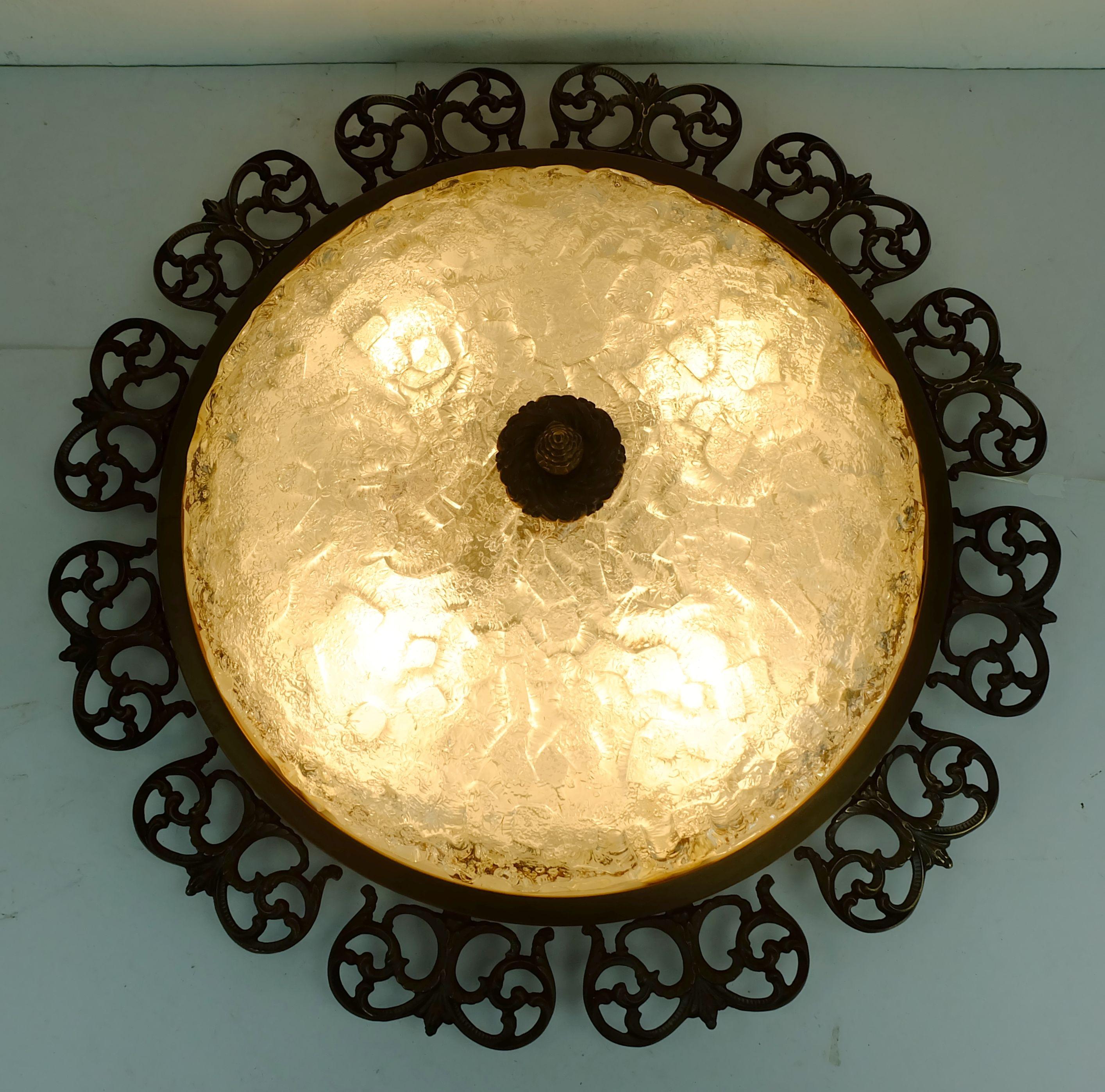 large hollywood regency style FLUSH MOUNT ice glass shade brass frame For Sale 2