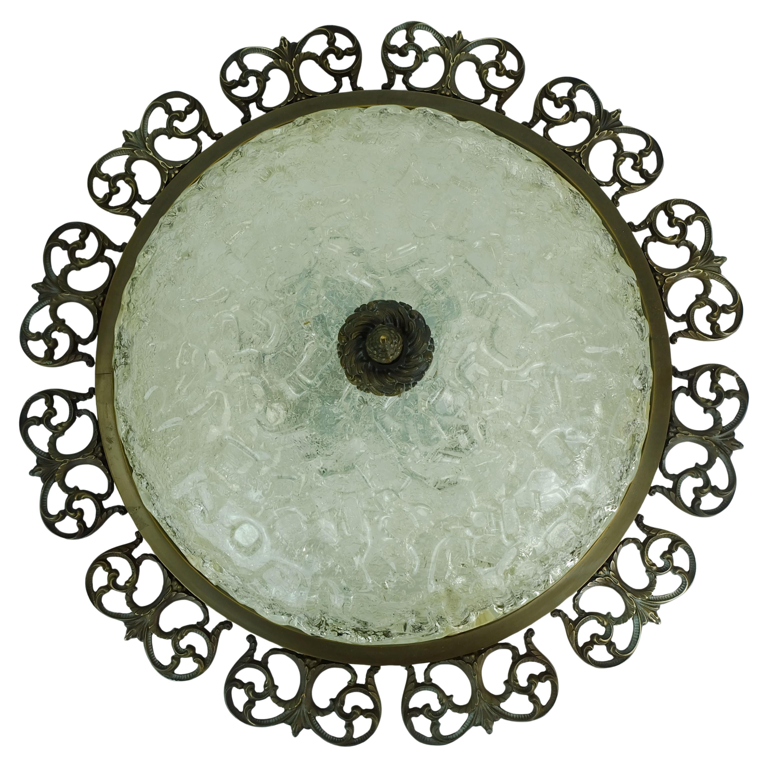 large hollywood regency style FLUSH MOUNT ice glass shade brass frame For Sale