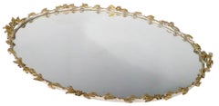 Large Hollywood Regency Style  Foliate Metal Oval Framed Mirrored Vanity Tray