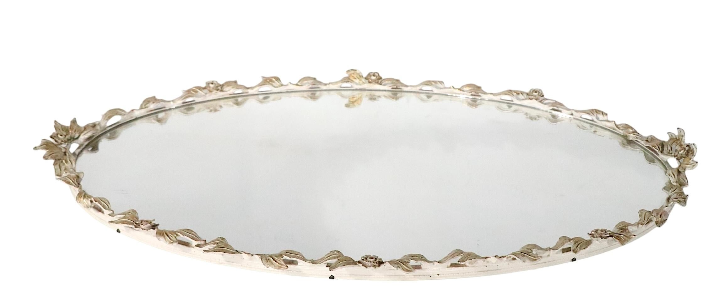 French Large Hollywood Regency Style  Foliate Metal Oval Framed Mirrored Vanity Tray For Sale