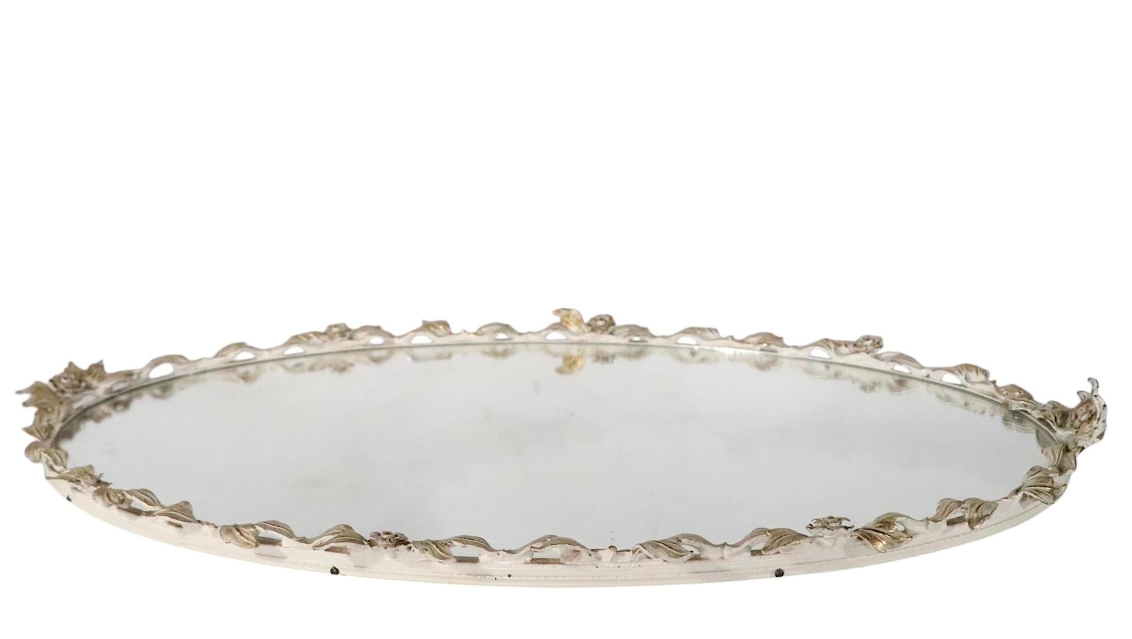 20th Century Large Hollywood Regency Style  Foliate Metal Oval Framed Mirrored Vanity Tray For Sale