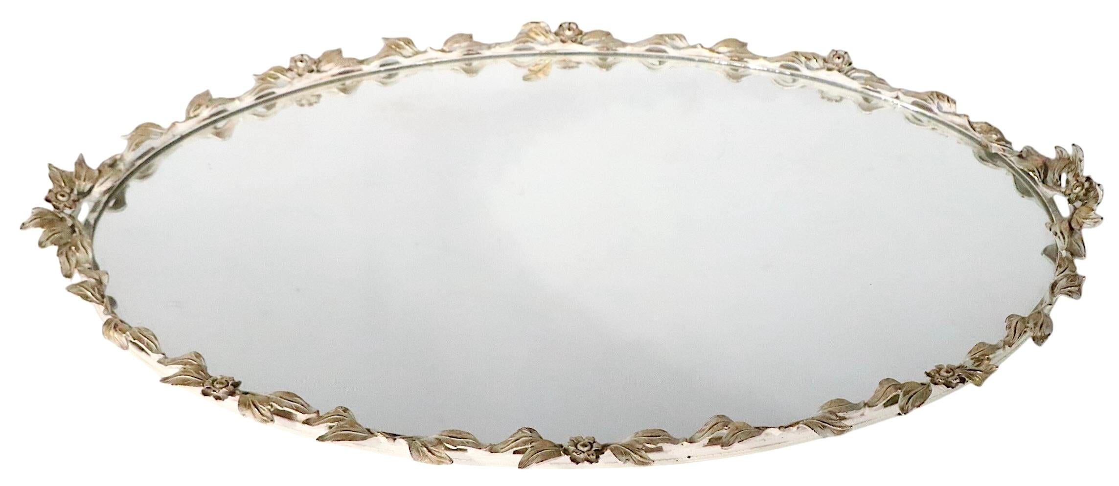 Brass Large Hollywood Regency Style  Foliate Metal Oval Framed Mirrored Vanity Tray For Sale