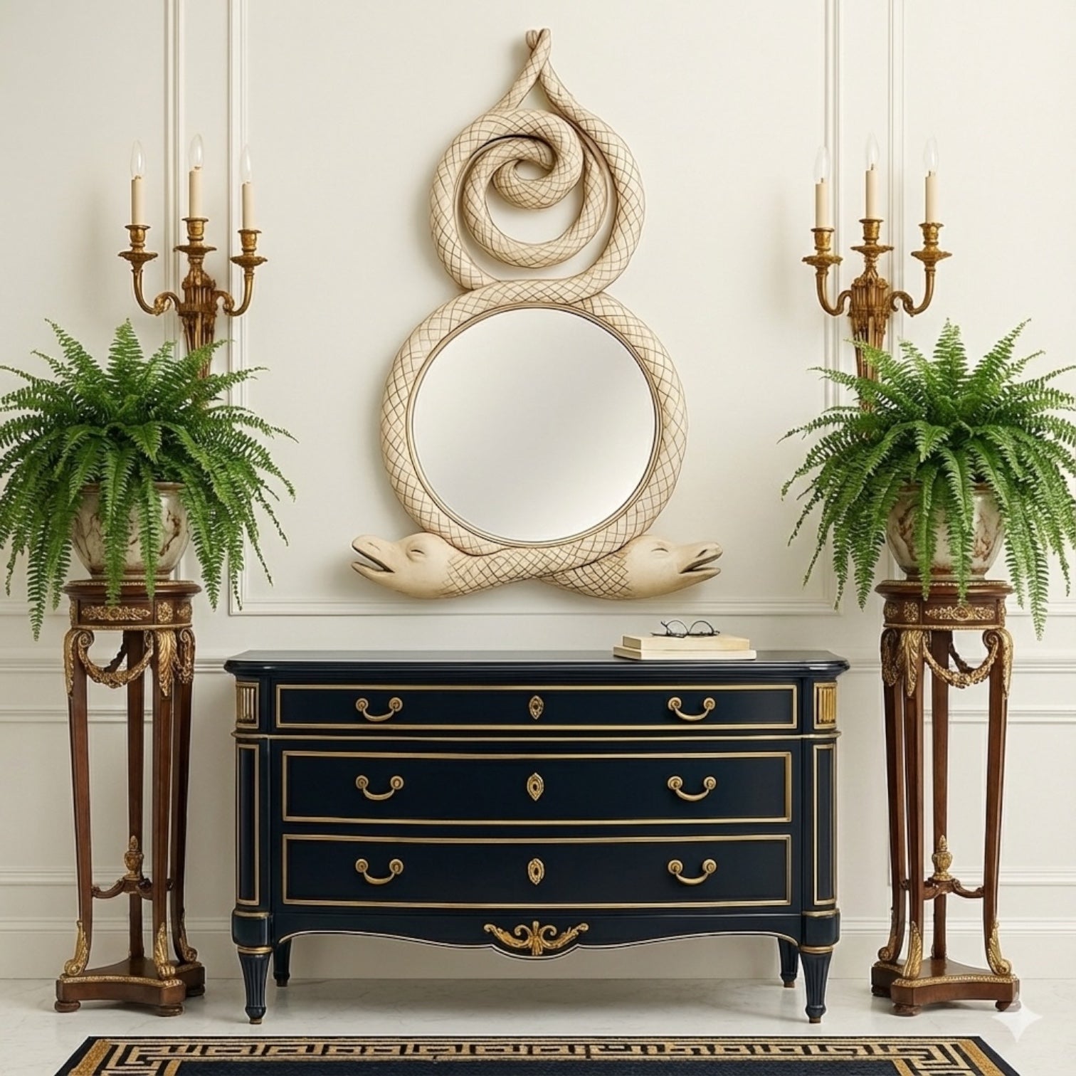 This is a late 20th century Hollywood Regency style painted and carved wood double serpent or dolphin mirror. It is in very good condition, and a pair is currently available. They are unmarked.