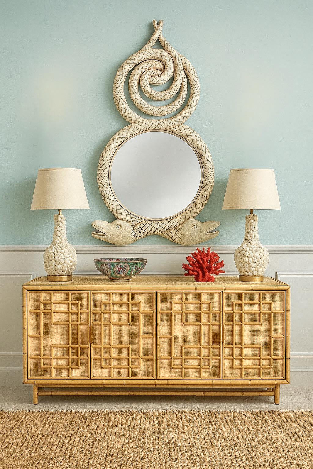 Large Hollywood Regency Style Painted Carved Wood Dolphin Grotto Wall Mirror For Sale 3