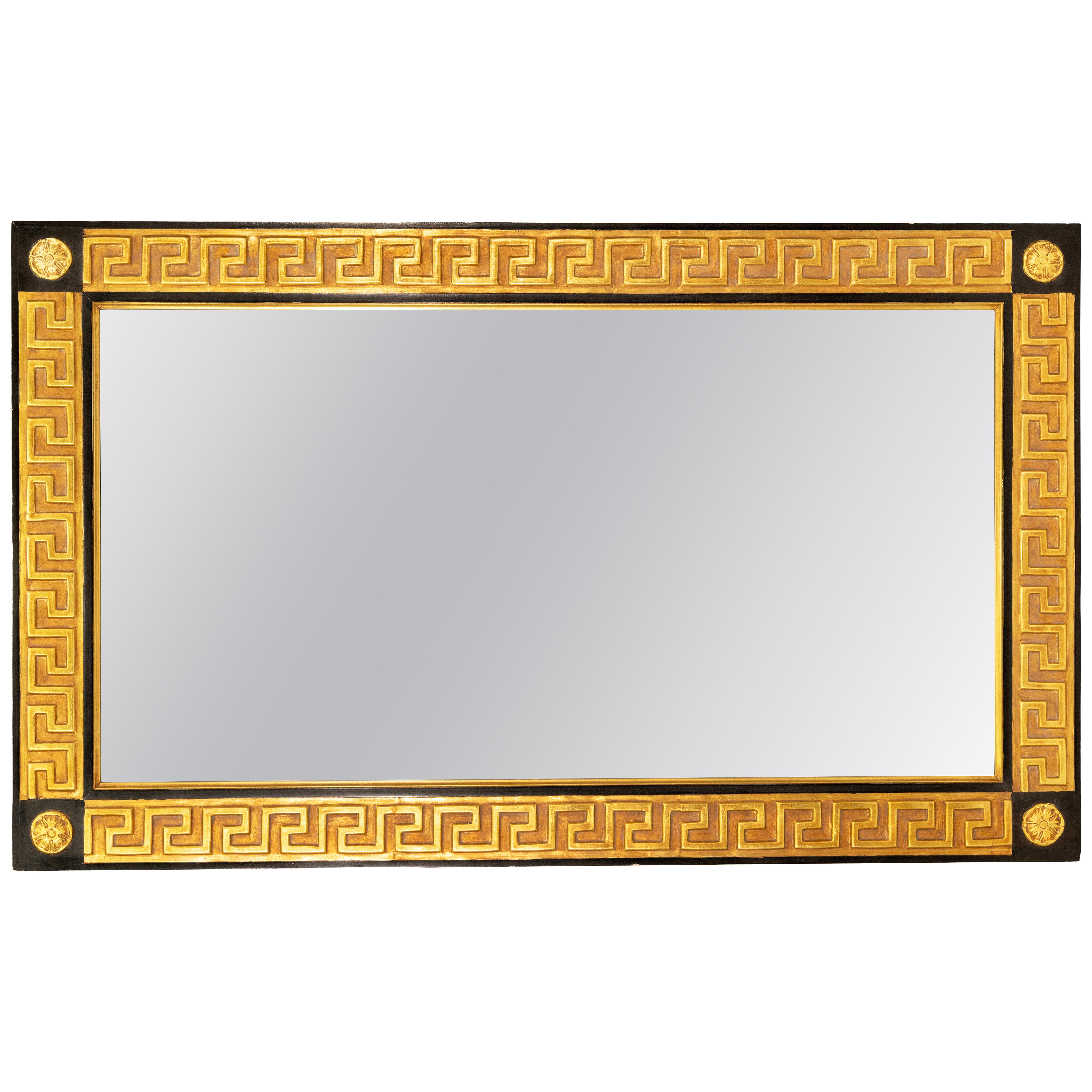 Large Hollywood Regency Style Rectangular Gilt Wall Mirror With Greek Key Border For Sale