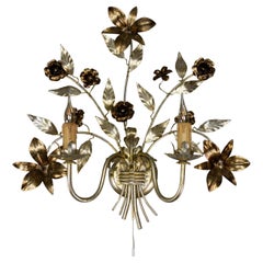 Large Hollywood Regency Style Silver Color Metal Floral Two-Light Sconce