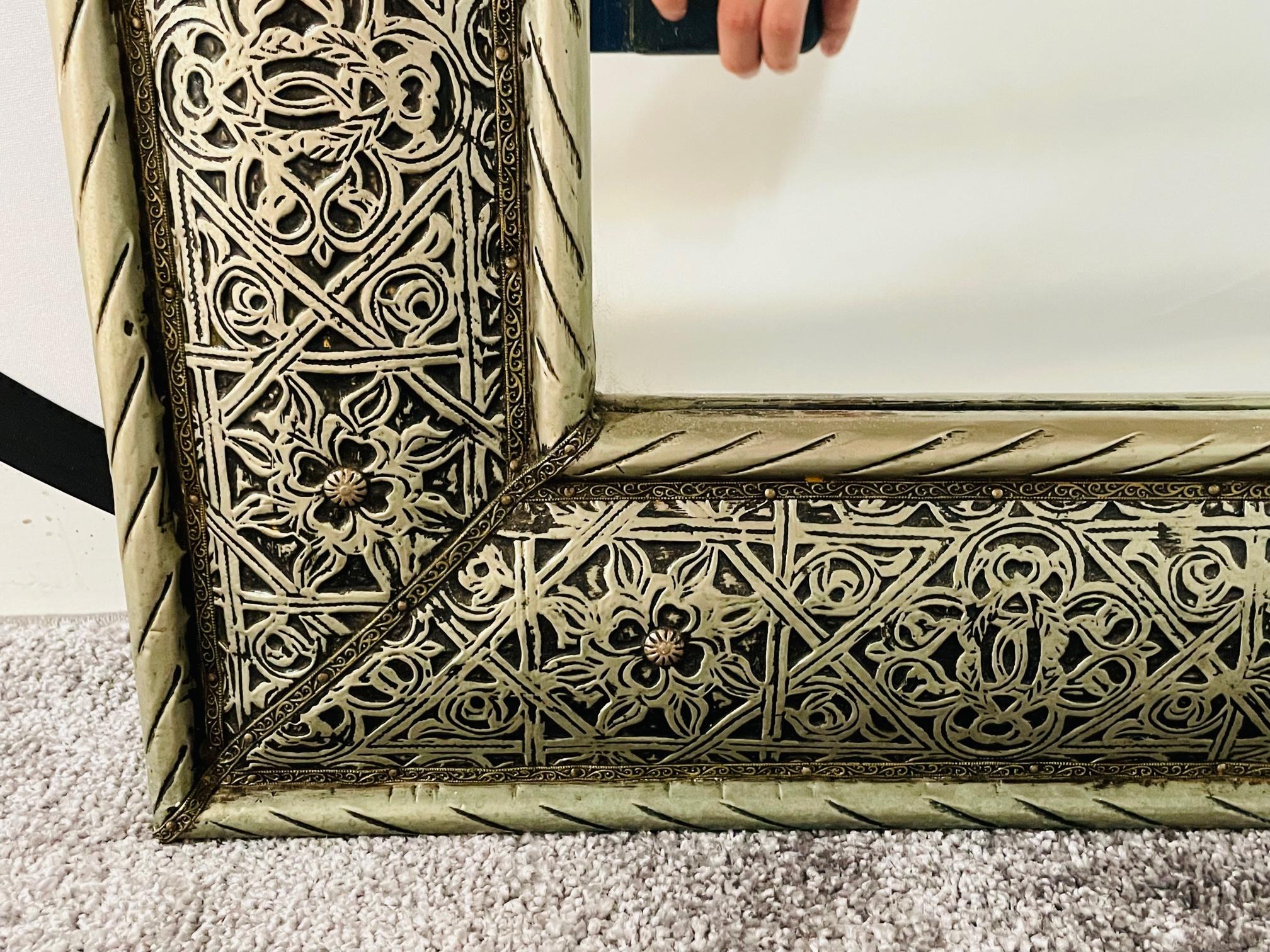 Large Hollywood Regency Style Silver Moroccan Filigree Wall Mirror For Sale 1