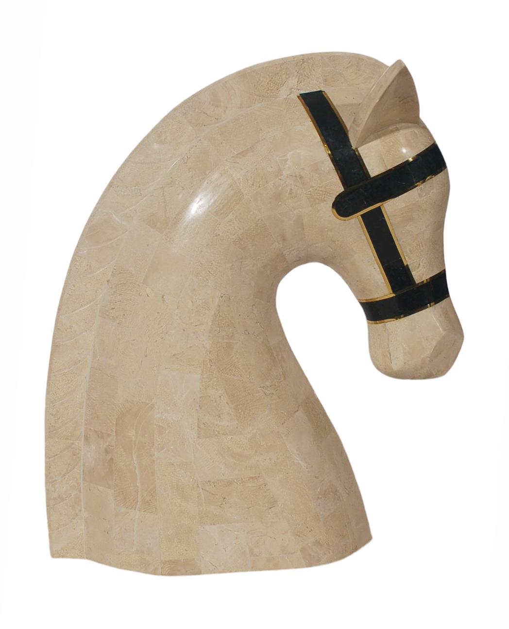 A chic and beautiful horse head figurine or table sculpture probably by Maitland Smith in the 1980s. It features a tessellated stone veneer in black and white with a brass inlay. Excellent condition.