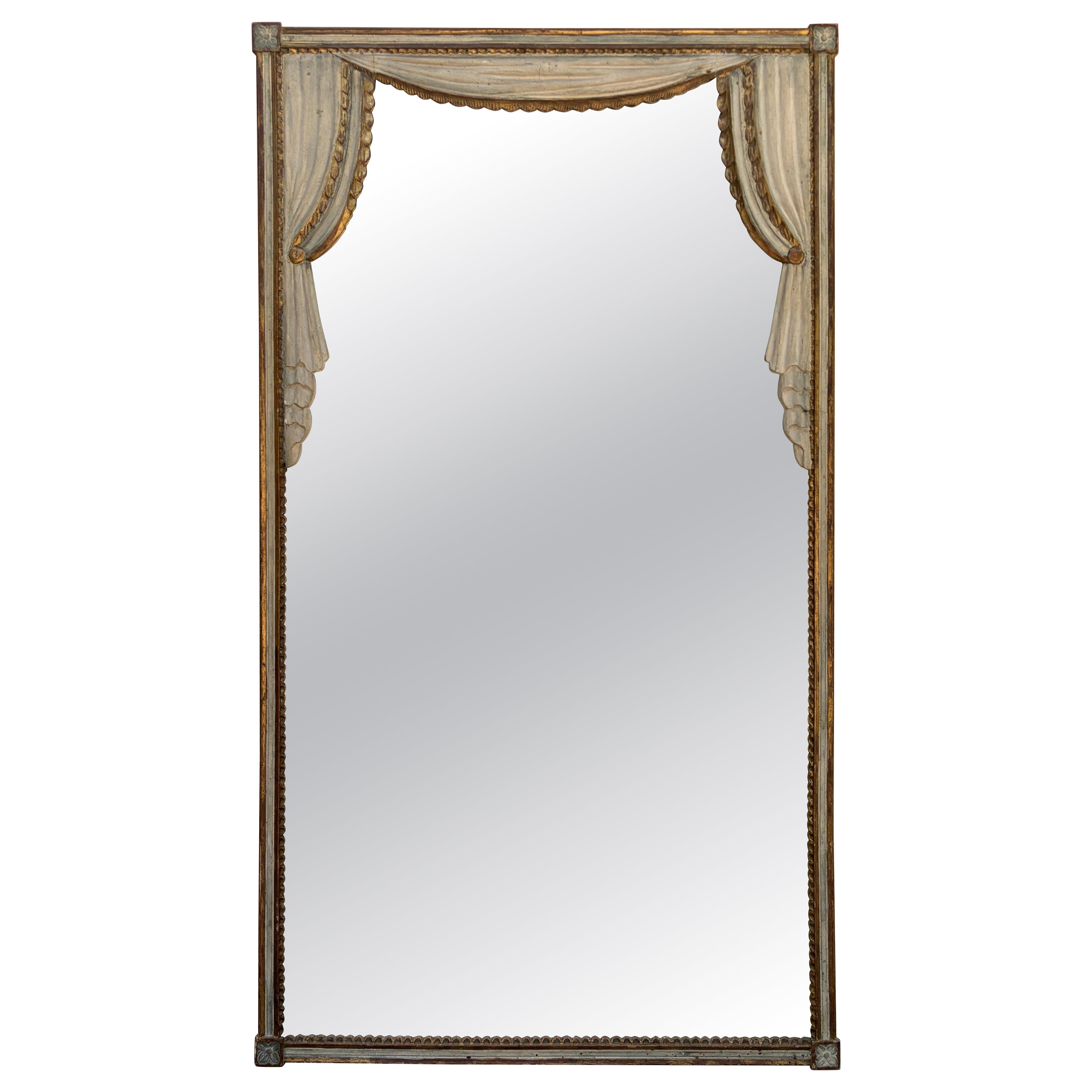 Large Hollywood Regency Trompe L'oeil Draped Giltwood Mirror