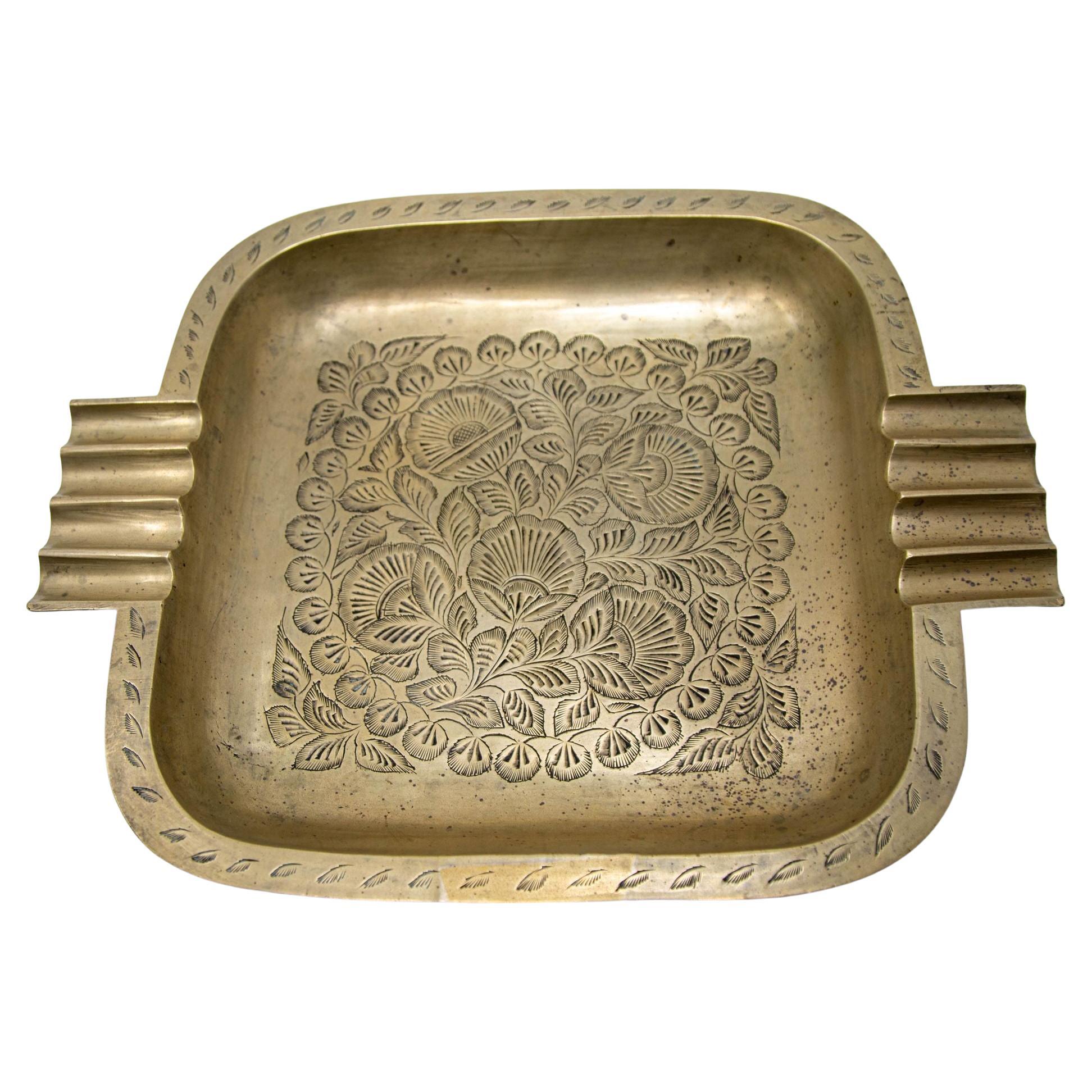 Cenicero grande de latón grabado Hollywood Regency Vintage cuadrado Años 50