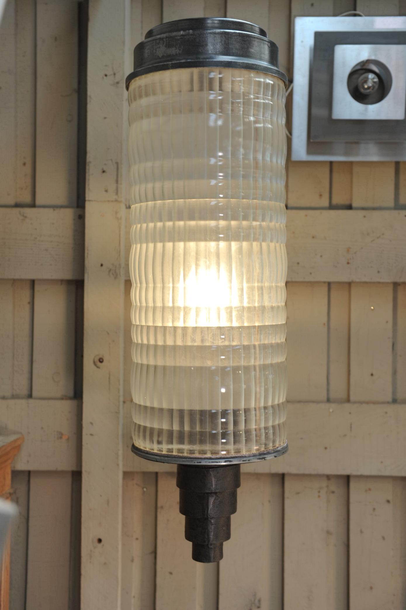 Art Deco Large Holophane Cast Iron and Glass Hotel Wall Light Sconce, circa 1925 For Sale