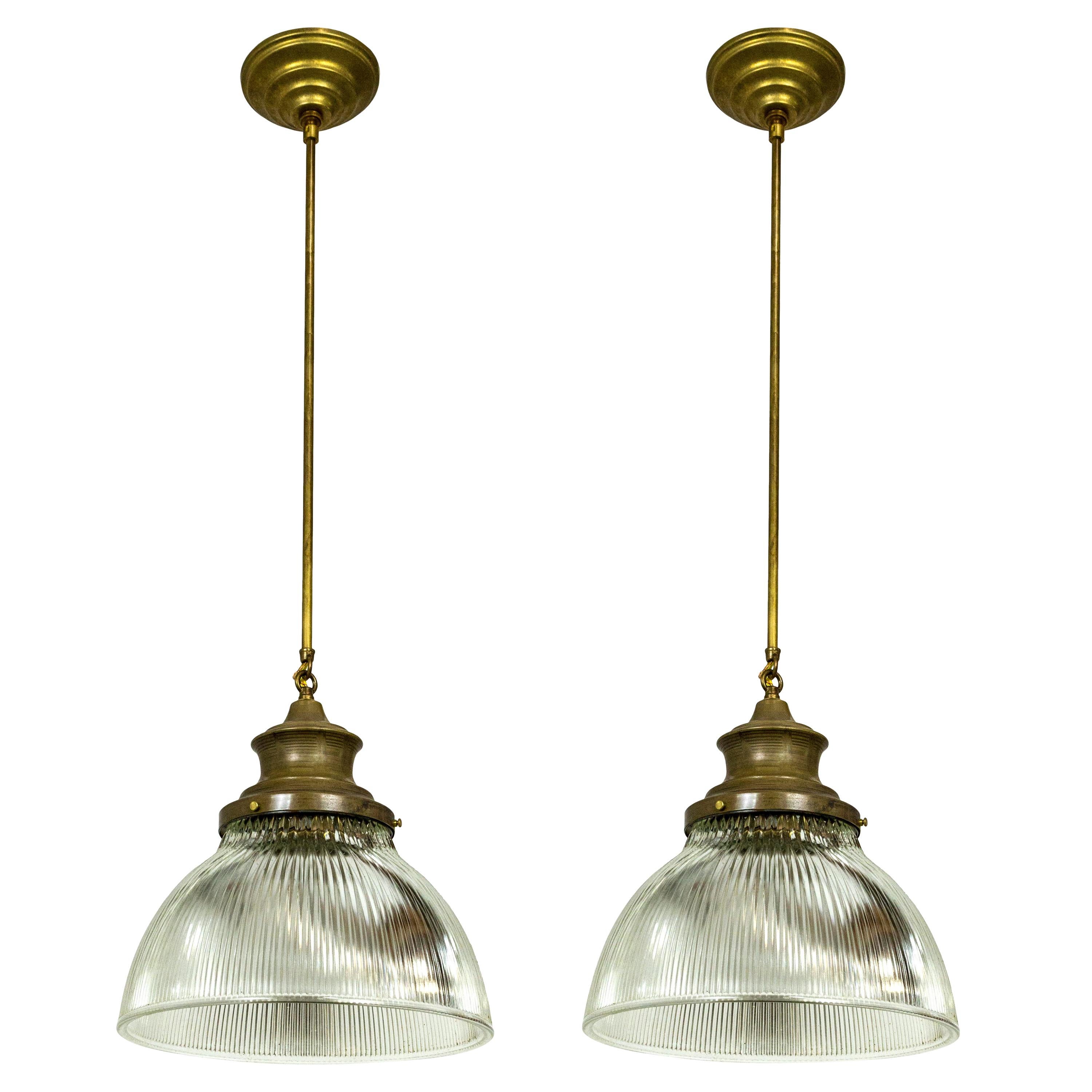 Large Holophane Glass and Brass Pendants 'Pair'