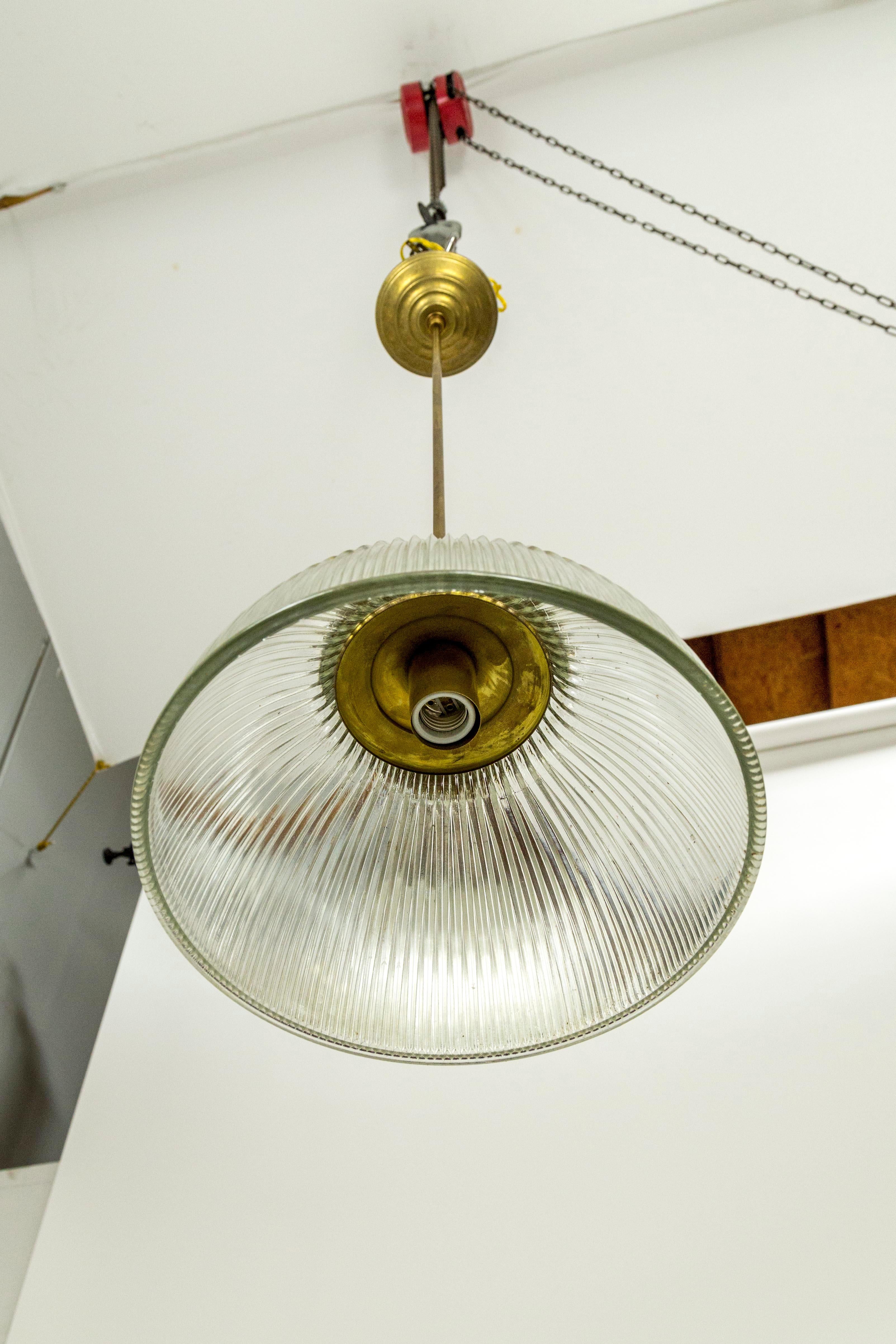 Large Holophane Glass and Brass Pendants 'Pair' In Good Condition In San Francisco, CA
